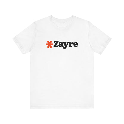 The Zayre Stores Logo - Retro 1980s Unisex Jersey Short Sleeve Tee by Printify features a gray design with the word "Zayre" printed in black letters and a red asterisk preceding the text. Reminiscent of retro fashion from the Zayre 1980s Retail Store, this shirt is displayed against a minimalistic white background and appears to be made of soft, comfortable fabric.