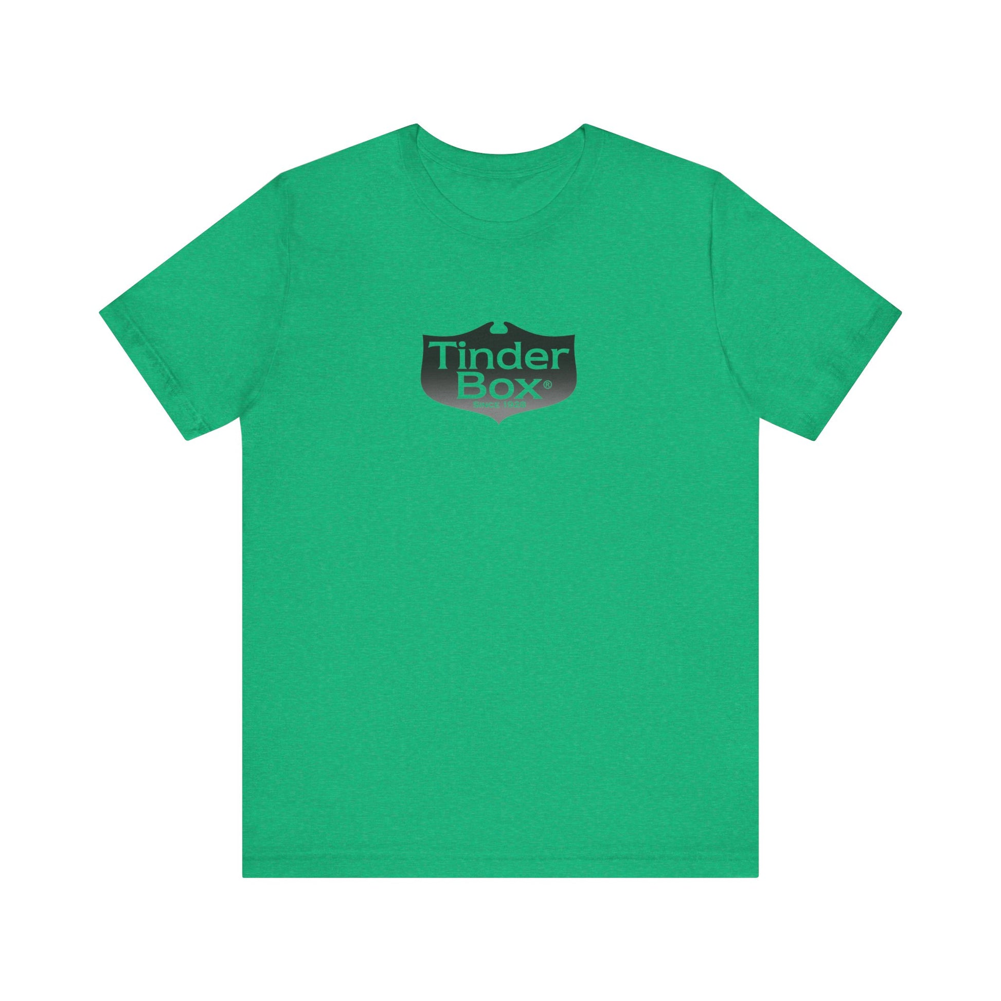 A light blue Printify "The Tinder Box 1980s" unisex jersey short sleeve tee featuring the "Tinder Box" logo in the center. The logo consists of a dark shield with the words "Tinder Box" in white text, with a small flame icon replacing the dot above the "i".