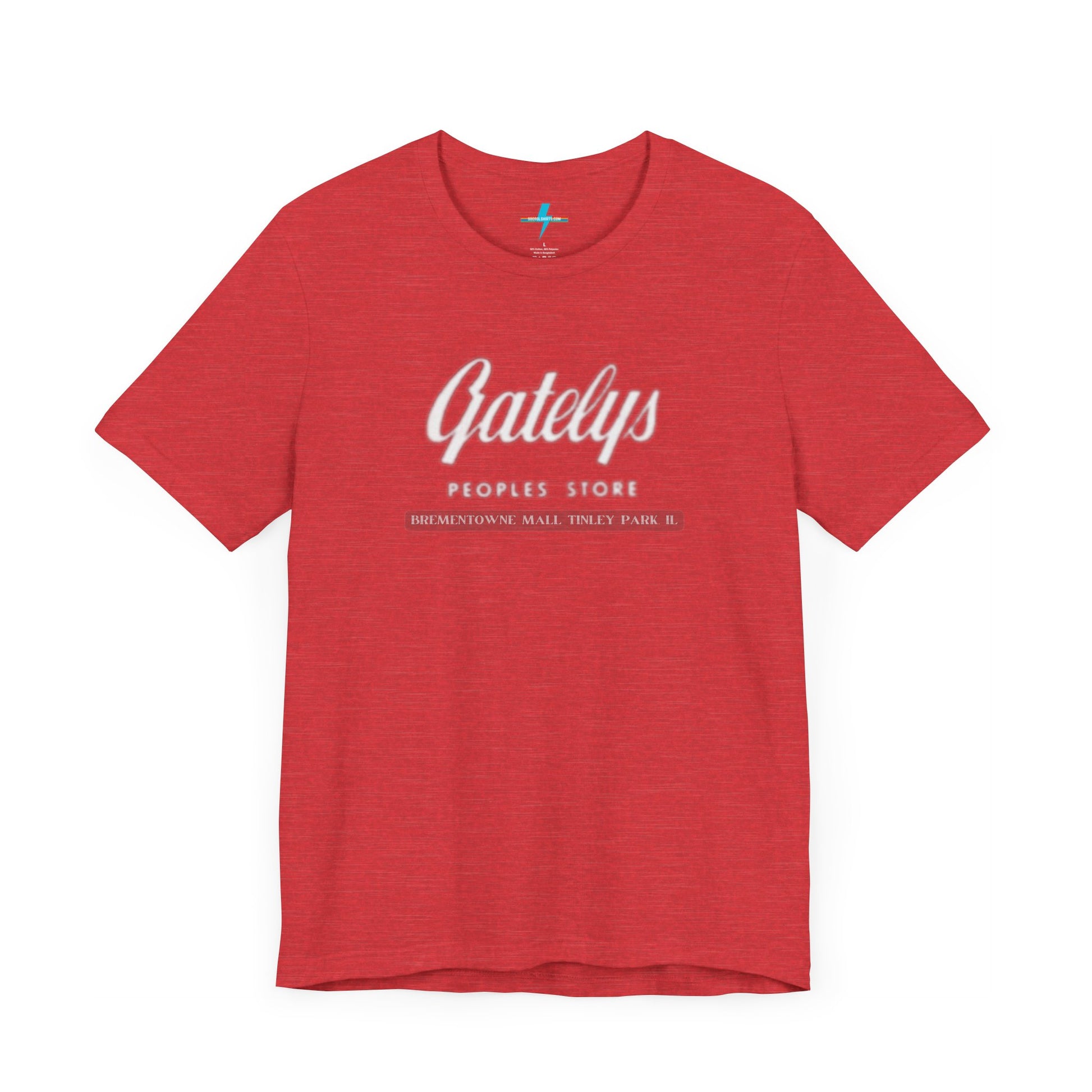 A green unisex jersey short sleeve tee from Printify's SoCool Shirts collection, featuring "Gately's People's Store" printed prominently in white on the front. Below this, smaller text reads "Tinley Park's Brementowne Mall" in white. The T-shirt is displayed against a plain white background and is named the "Gatelys Peoples Store - Vintage 1980s.