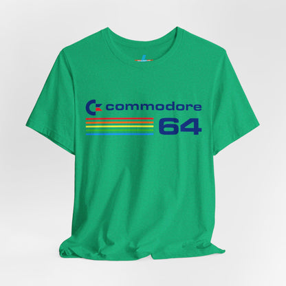 The 1980s Commodore 64 Computer C64 Unisex Jersey Short Sleeve Tee from Printify features a green T-shirt adorned with a vintage design showcasing the text "Commodore 64" and multicolored horizontal lines next to it. The word "Commodore" is emblazoned in blue alongside the Commodore logo, while the number "64" is also highlighted in blue on the right. Ideal for any retro tech enthusiast, this shirt is displayed against a white background.