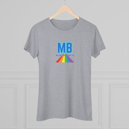 The Miller Beach Pride - Women's Triblend Tee by Printify is a dark gray, cozy t-shirt with a vintage look, featuring the text "MB" in large blue letters at the center. Below the letters, there is a rainbow-colored triangular design with "Millions & Binary, Inc." written in smaller text under the rainbow triangle.