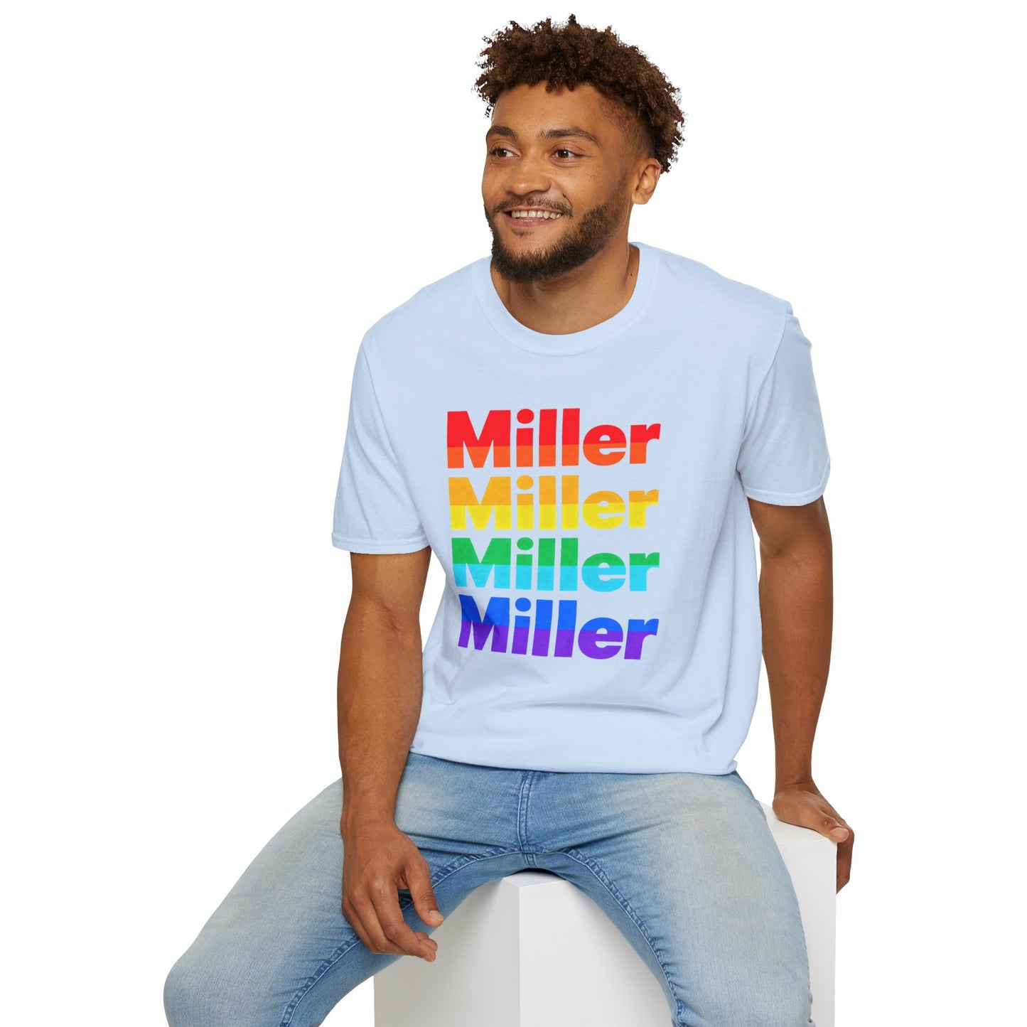 Miller Beach Rainbow Retro Tee — Vintage Stack Name Pride T-Shirt
