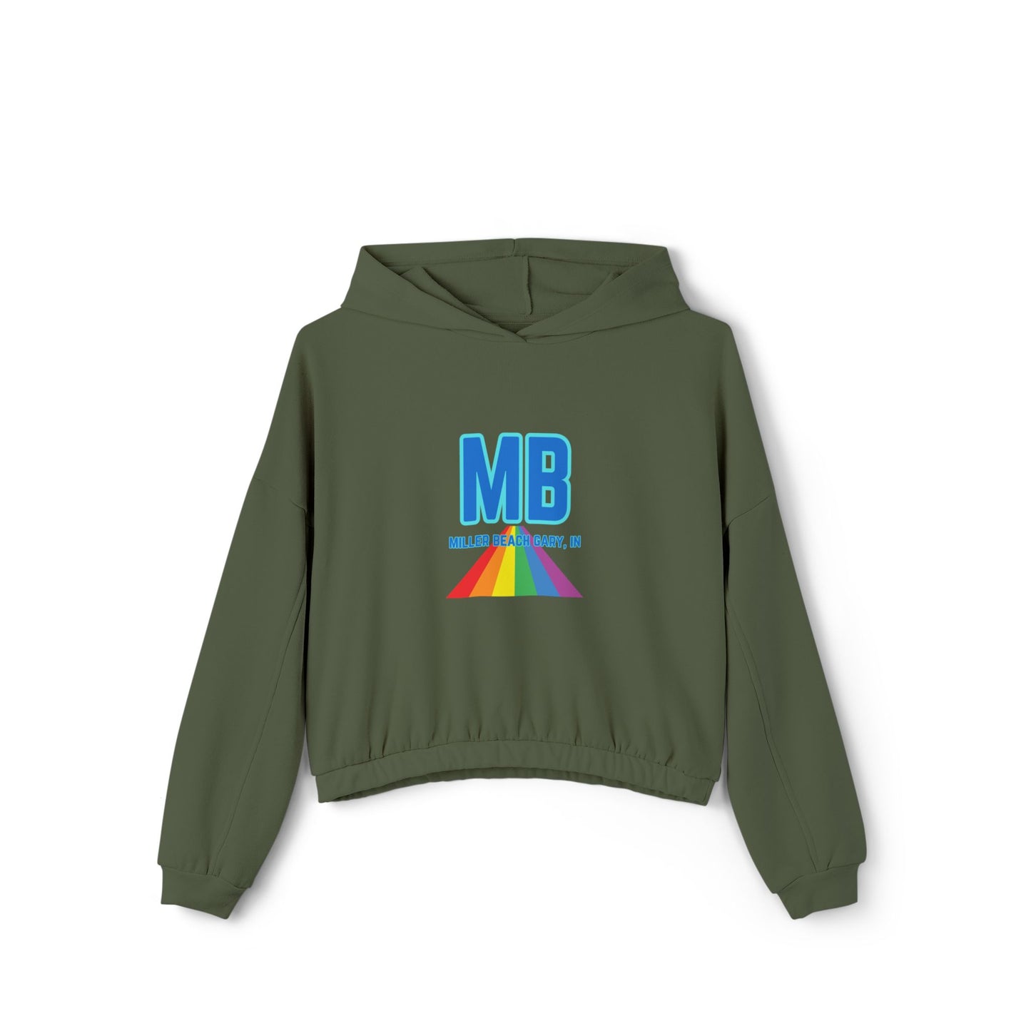 The Women's Cinched Bottom Hoodie from Printify, named "Miller Beach - Unity," is crafted in an oversized light gray design. It features a striking rainbow logo and bold blue "MB" letters on the front, with "MILLER & BARRY, INC." printed below. The casual style of this cotton-polyester blend is further accentuated by a lively triangular pattern.