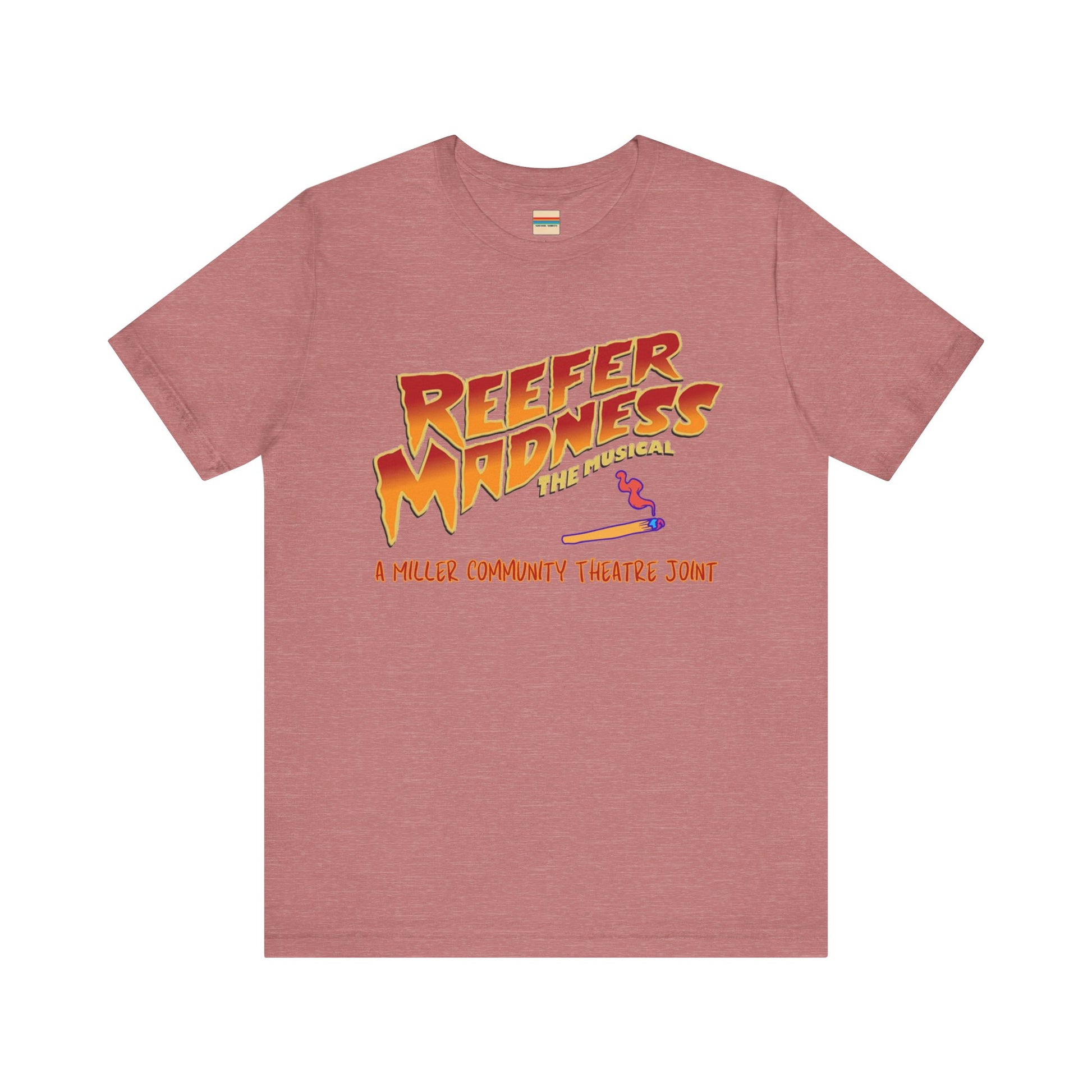 The Miller Community Theatre - Reefer Madness Cast and Crew Shirt by Printify showcases a vibrant design featuring bold, colorful text that reads "Reefer Madness The Musical" with a cartoon joint illustration. Below the main text, "A Miller Community Theatre Joint" is highlighted in red. This limited-edition green t-shirt, with its centered design, is perfect for cast and crew members.