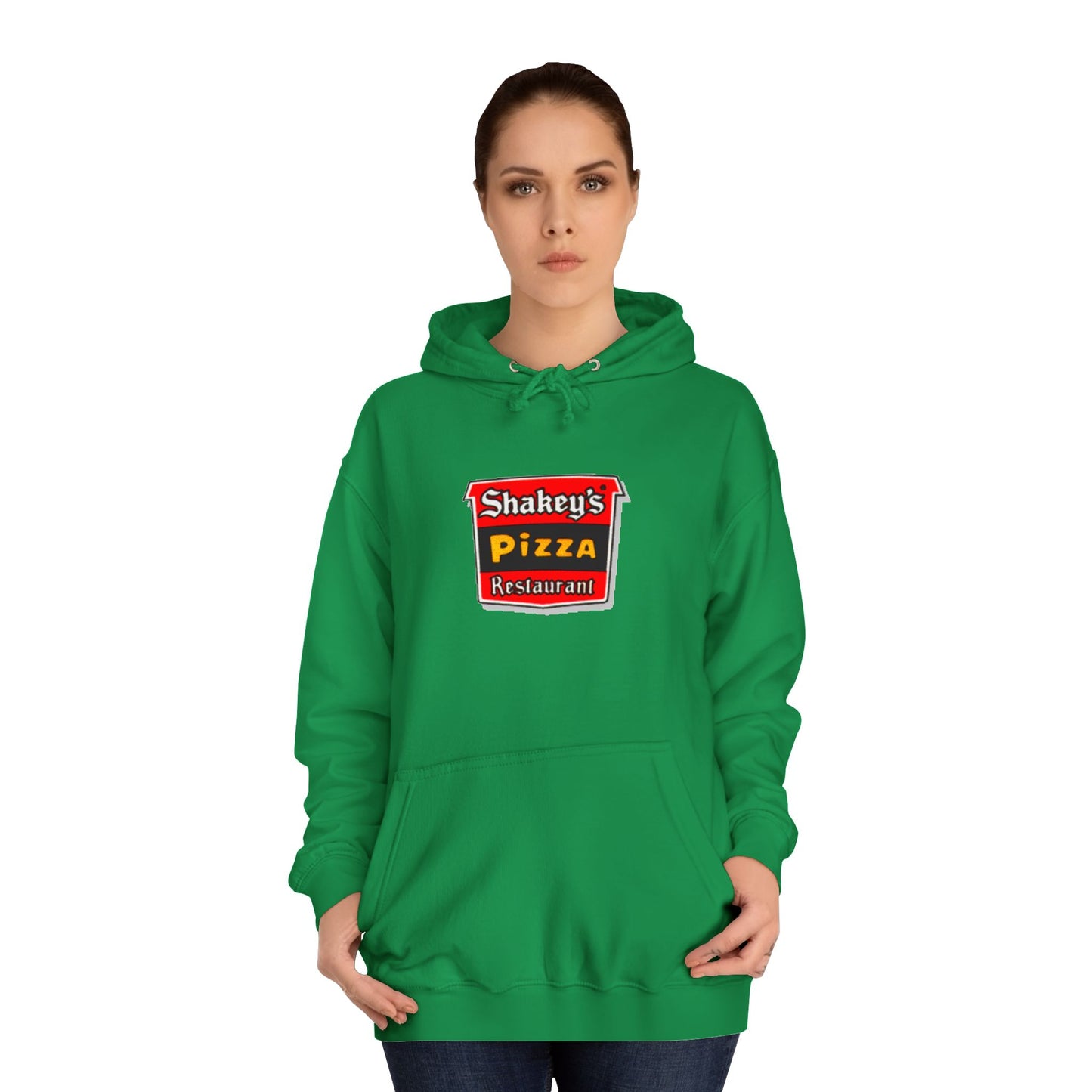 The Shakey's Pizza - 1980s Retro - Unisex Hoodie by Printify showcases a retro-style colorful logo on the front, highlighted with "Shakey's Pizza Restaurant" in bold white lettering against a striking red and black background, offering a vintage feel.