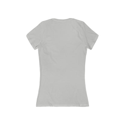 A Printify Blues Brothers Curl Up and Dye Women's Jersey Short Sleeve Deep V-Neck Tee in light gray is shown against a white background. This comfortable wardrobe essential showcases "CURL UP AND DYE" in light blue and "BEAUTY SALON" in light pink printed across the chest, featuring a modern feminine fit.