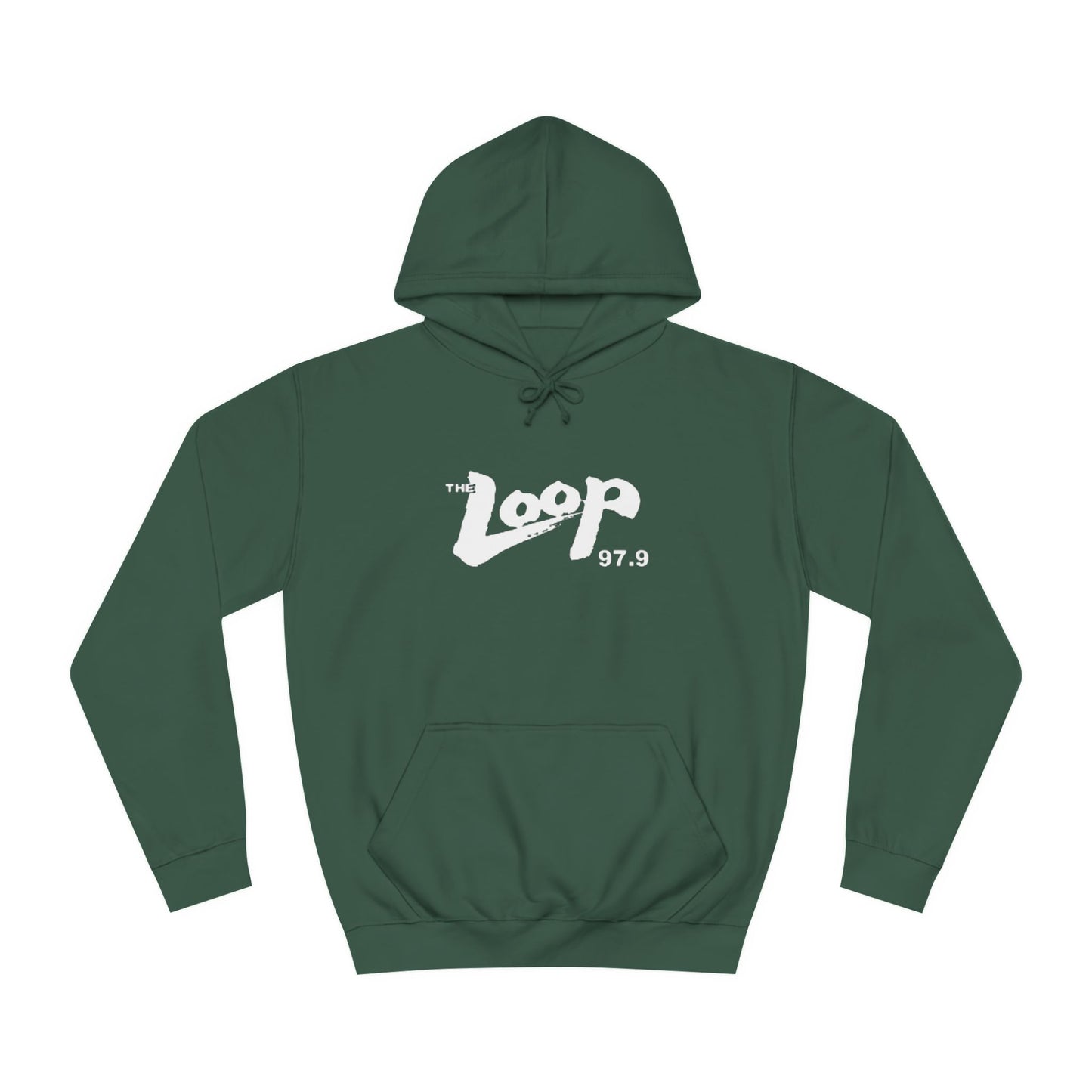 The Loop 97.9 Chicago Radio 1980s Hoodie by Printify showcases "The Loop 97.9" in striking white letters along with the iconic logo on the front. This essential piece for fans of the legendary Chicago rock radio station also features a handy front pocket and a drawstring hood.