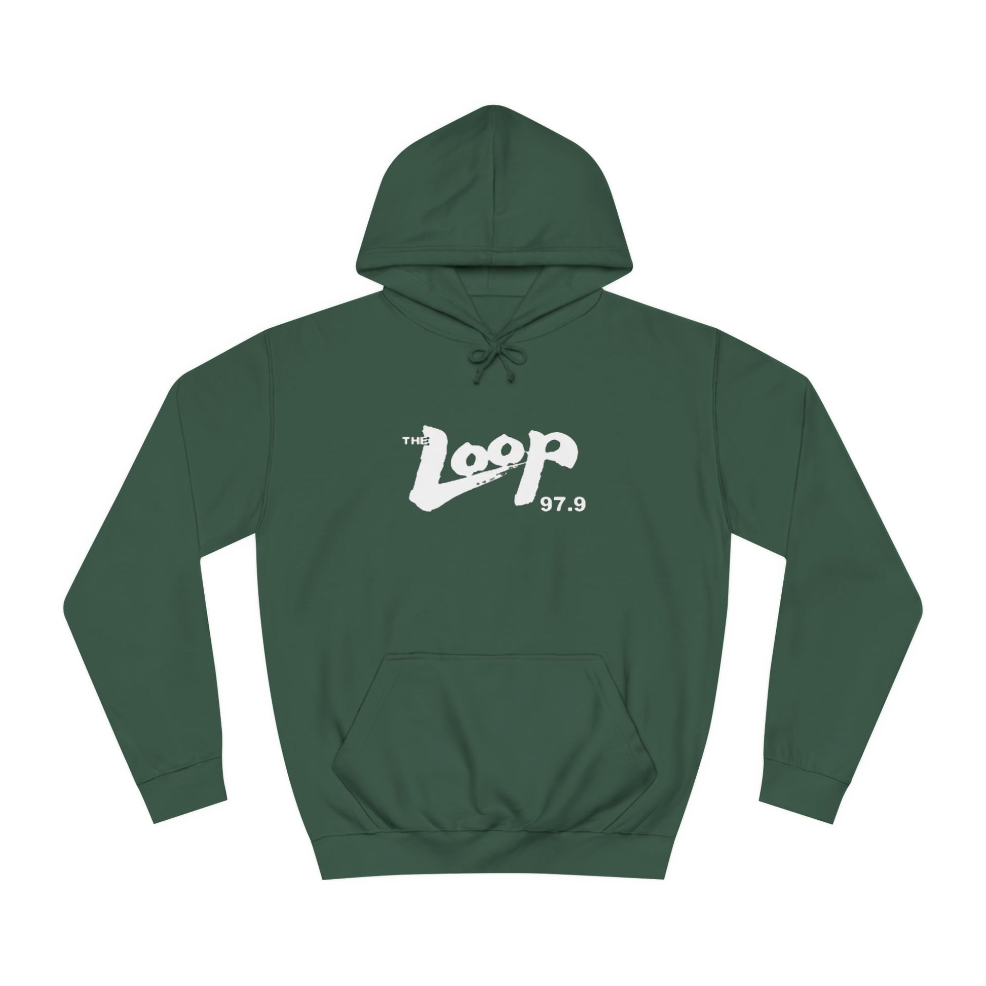 The Loop 97.9 Chicago Radio 1980s Hoodie by Printify showcases "The Loop 97.9" in striking white letters along with the iconic logo on the front. This essential piece for fans of the legendary Chicago rock radio station also features a handy front pocket and a drawstring hood.