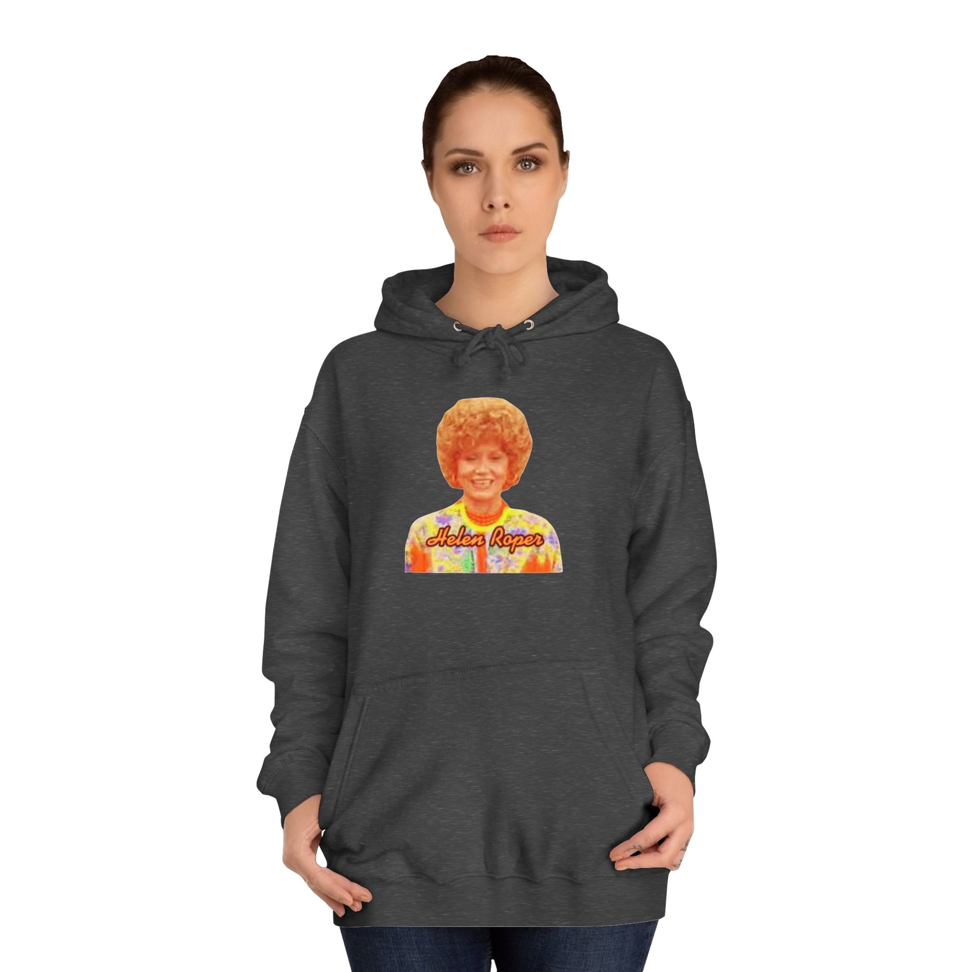 This Helen Roper - Three's Company unisex hoodie by Printify features a lively graphic of a woman with curly hair in a vibrant, patterned outfit. The elegantly scripted text "Mother Rogers" beneath her adds a vintage fashion flair to any wardrobe.