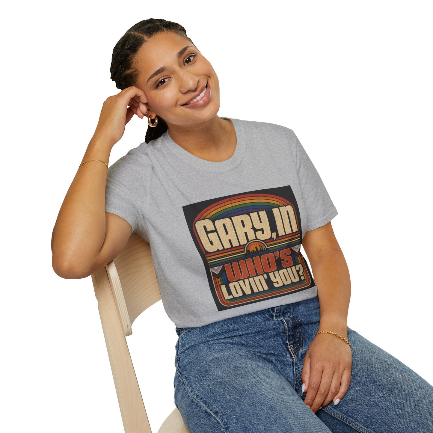 T-Shirt — "Gary, I'm Who's Lovin' You?" Retro Rainbow Design - Pride Month