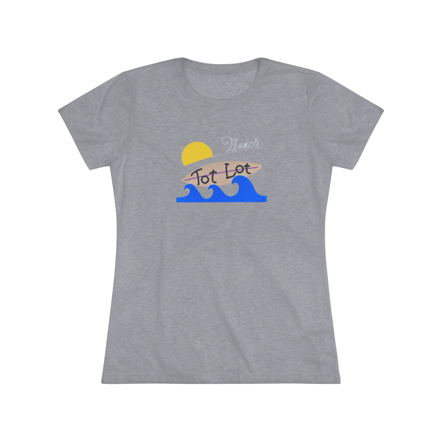 Introducing the Tot Lot Full Sign - Miller Beach - Women's Triblend Tee by Printify! This stylish gray t-shirt features a vintage-inspired design showcasing a setting sun, a surging blue wave, and the phrase "Miller Beach Tot Lot" in eye-catching stylized fonts. Perfect for any casual outing, this beach-themed top exudes a playful and trendy vibe.