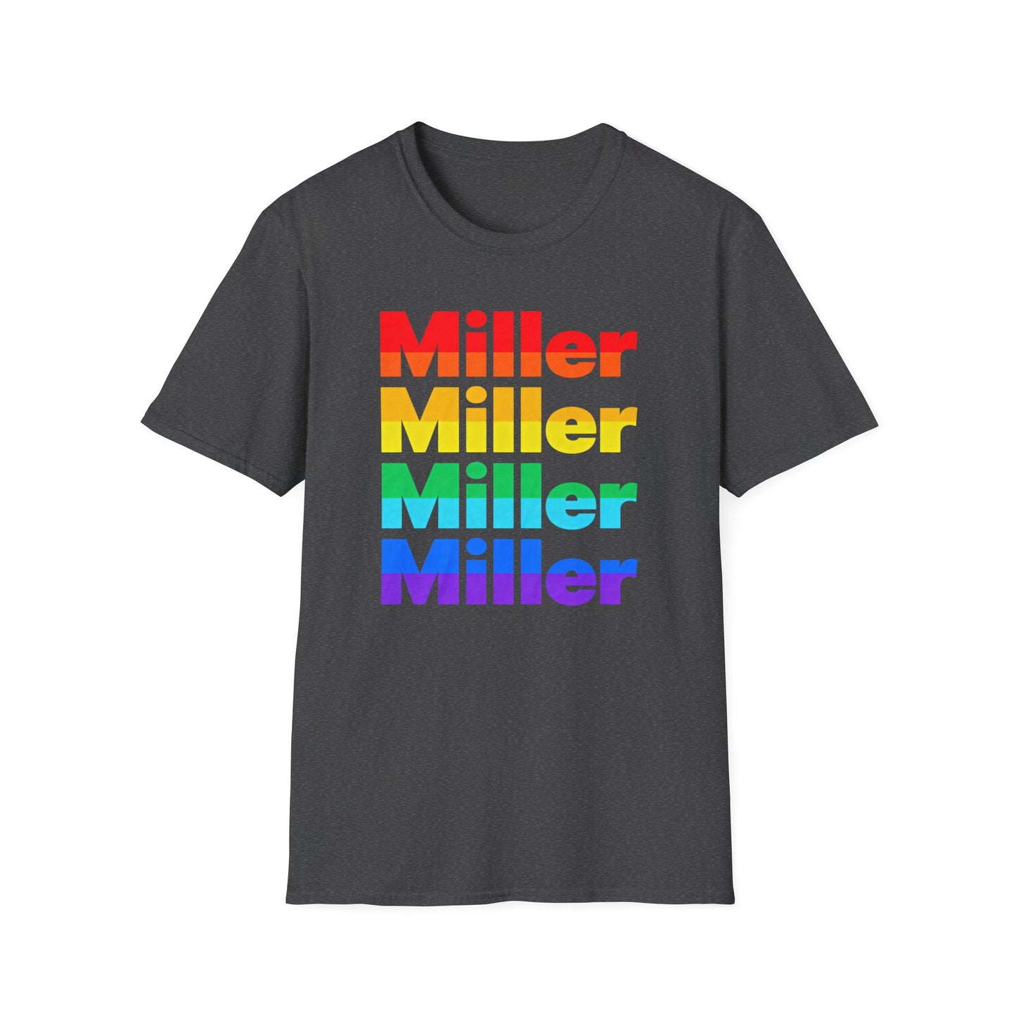 Miller Beach Rainbow Retro Tee — Vintage Stack Name Pride T-Shirt