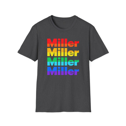 Miller Beach Rainbow Retro Tee — Vintage Stack Name Pride T-Shirt