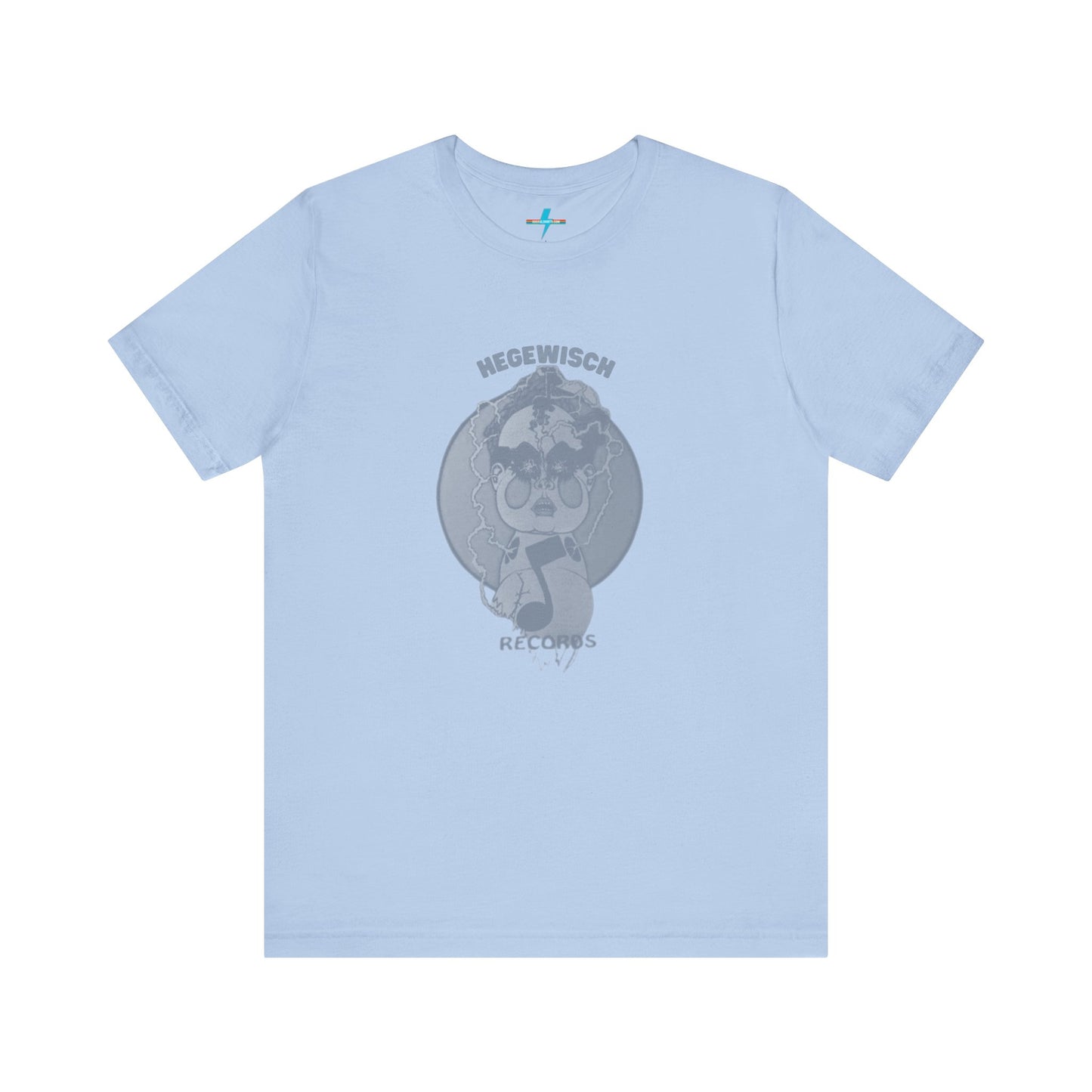 Introducing the Hegewisch Records - Retro 1980s Unisex Jersey Short Sleeve Tee by Printify: This light blue T-shirt features a central printed design with a monochromatic illustration of a stylized cartoon character with large eyes, holding or playing a vinyl record. Above the character, the text reads "Hegewisch Records" – an ideal choice for music lovers.