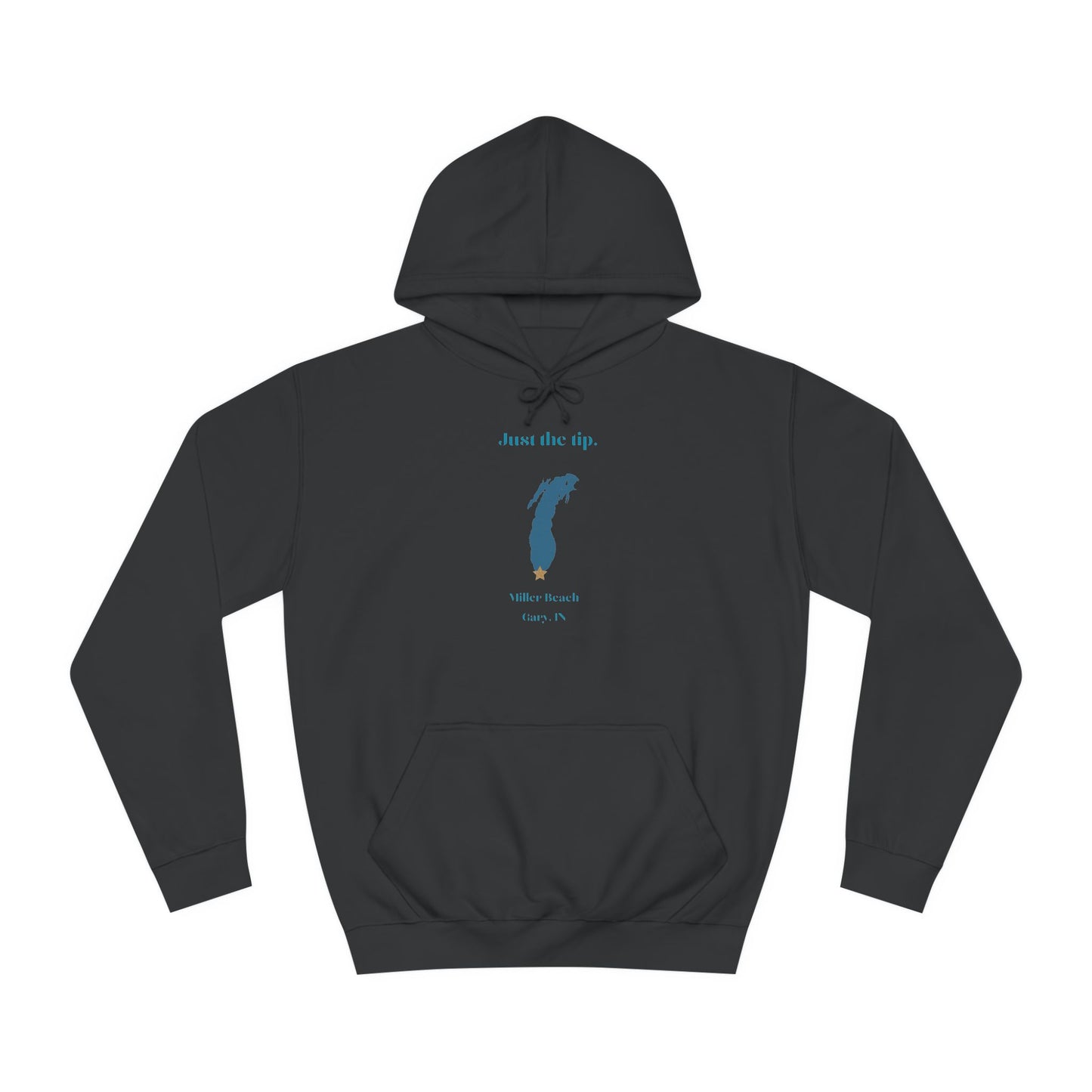 The Just the Tips - Miller Beach Unisex College Hoodie by Printify features a premium tri-blend fabric in dark green, showcasing a minimalist blue outline of a lake with the text "Just the Tip. White Bear Lake, Minn., IN" above it. With its front pocket and drawstring hood, it's an ideal choice for casual strolls at Miller Beach.