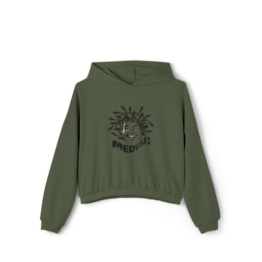 Get transported to the retro club scene with Printify's Medusa's 1980s Dance Club - Chicago Women's Cinched Bottom Hoodie in olive green. Featuring an eye-catching graphic of Medusa's head adorned with snake hair, this bold piece is completed with the words "Medusa’s Dance Club," making it a standout addition to any wardrobe.