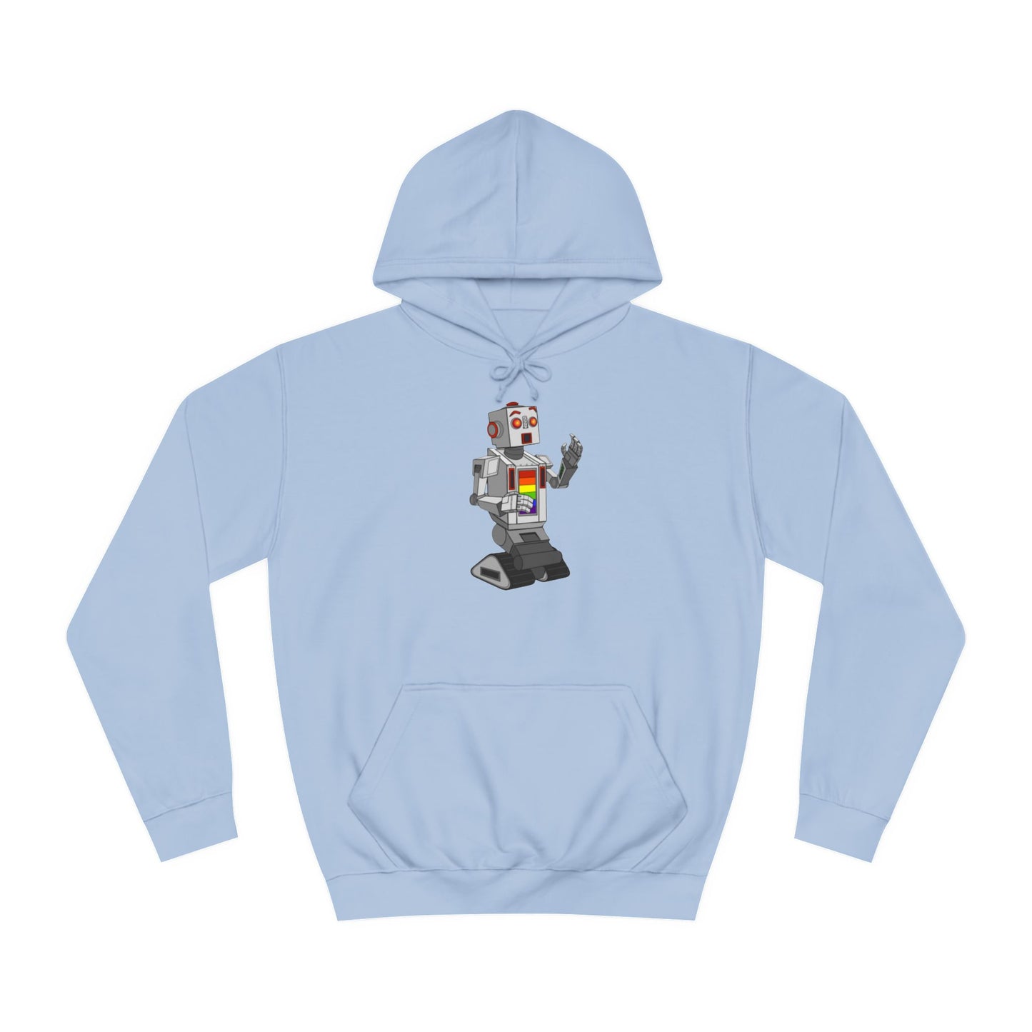 The Gay Robot - Unisex College Hoodie by Printify features a whimsical illustration of a nostalgic robot holding a smartphone. Inspired by Nick Swardson's comedic characters, the robot is grey with red and yellow highlights, balancing on one leg in its striking red design.