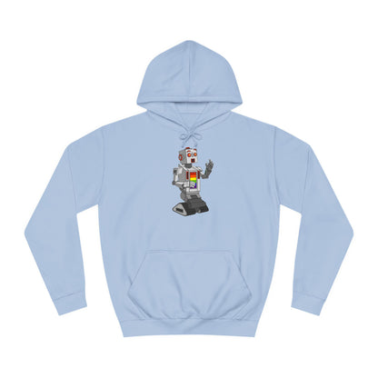 The Gay Robot - Unisex College Hoodie by Printify features a whimsical illustration of a nostalgic robot holding a smartphone. Inspired by Nick Swardson's comedic characters, the robot is grey with red and yellow highlights, balancing on one leg in its striking red design.