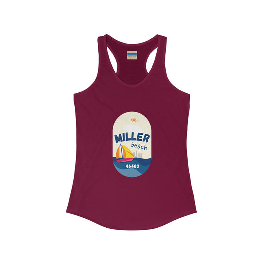 Introducing the Printify Miller Beach Sailboat - Women's Ideal Racerback Tank: a maroon slim fit tank top crafted from lightweight fabric and showcasing a vibrant design. The front features an oval frame with a sailboat on the water near a beach, accompanied by the words "Miller Beach 46403" and a small sun in the sky.