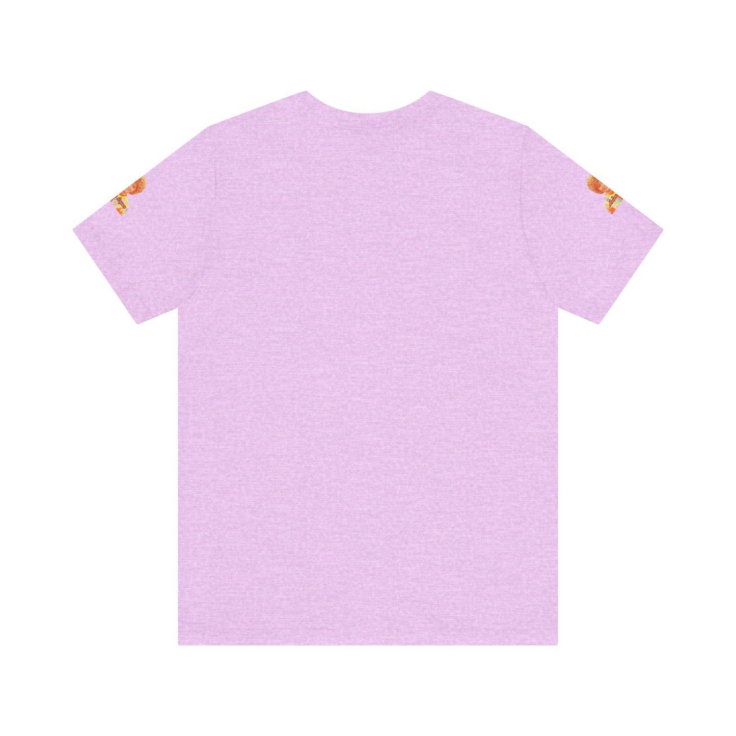 A lavender-colored Helen (Mrs.) Roper Three's Company - Unisex Jersey Short Sleeve Tee by Printify is hanging on a wooden hanger against a white background. This T-shirt features an image of a smiling person with curly hair wearing a colorful blouse, with the text "Helen Roper" underneath the image. Both sleeves have identical designs, making it perfect Three's Company merchandise.