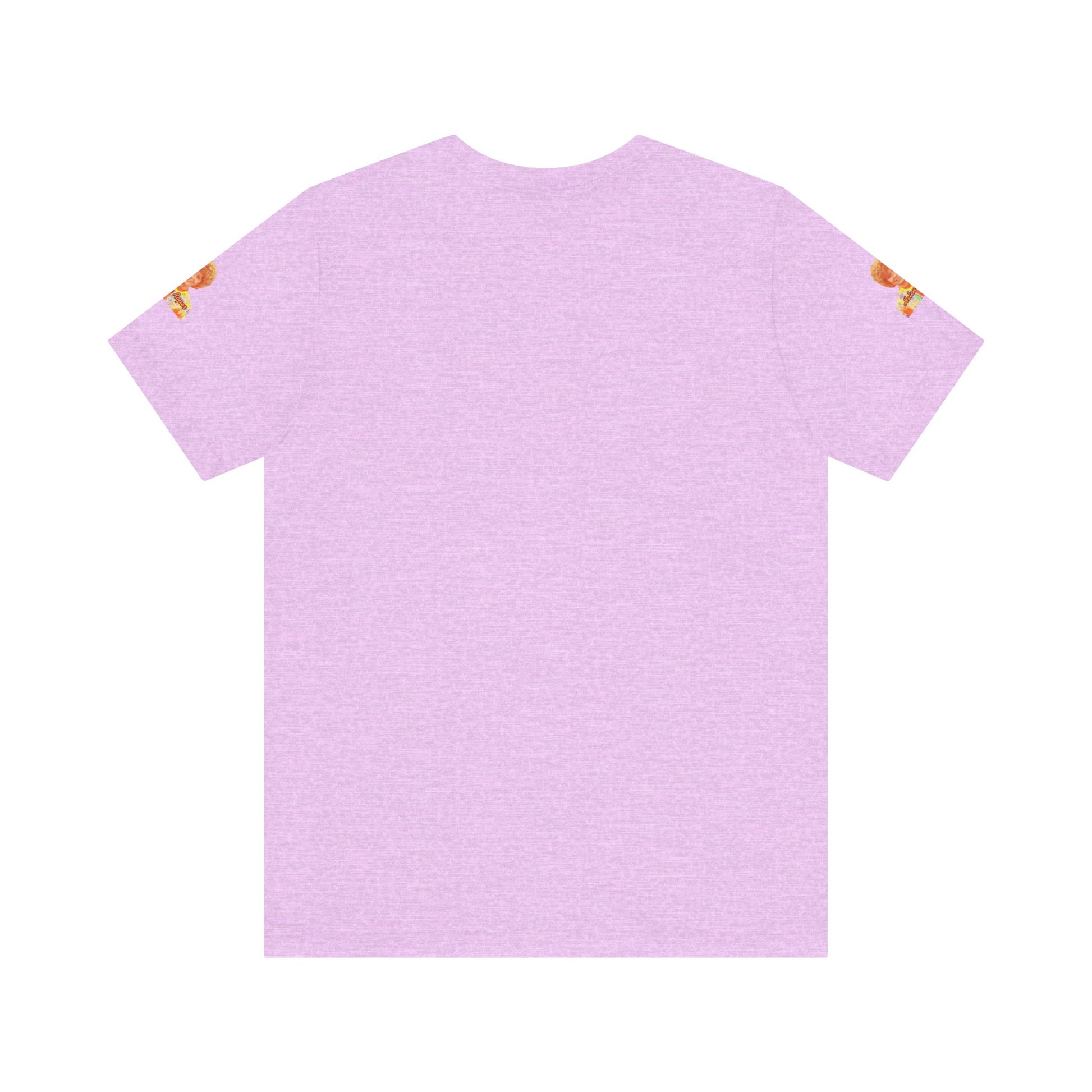 A lavender-colored Helen (Mrs.) Roper Three's Company - Unisex Jersey Short Sleeve Tee by Printify is hanging on a wooden hanger against a white background. This T-shirt features an image of a smiling person with curly hair wearing a colorful blouse, with the text "Helen Roper" underneath the image. Both sleeves have identical designs, making it perfect Three's Company merchandise.