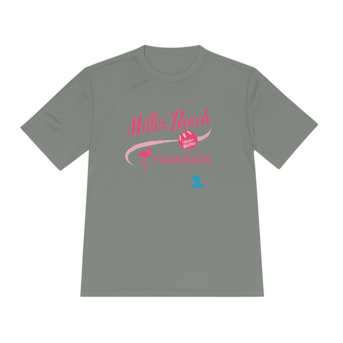 Introducing the "Miller Beach Flamingos - Jackson 01" Unisex Moisture Wicking Tee by Printify. This beige T-shirt showcases "Miller Beach" in a pink cursive font accompanied by a small pink flamingo illustration. Below, "FLAMINGOS" is displayed in bold pink capital letters, with a blue "01" on the bottom right corner. As part of the Sport-Tek PosiCharge Competitor collection, this lightweight shirt provides superior moisture-wicking performance.