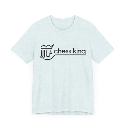 A unisex jersey short sleeve tee from Printify, featuring the Chess King 1980's Clothing Store Logo with a black, stylized king chess piece and the words "Chess King" on a blue background, reminiscent of retro 80s fashion.