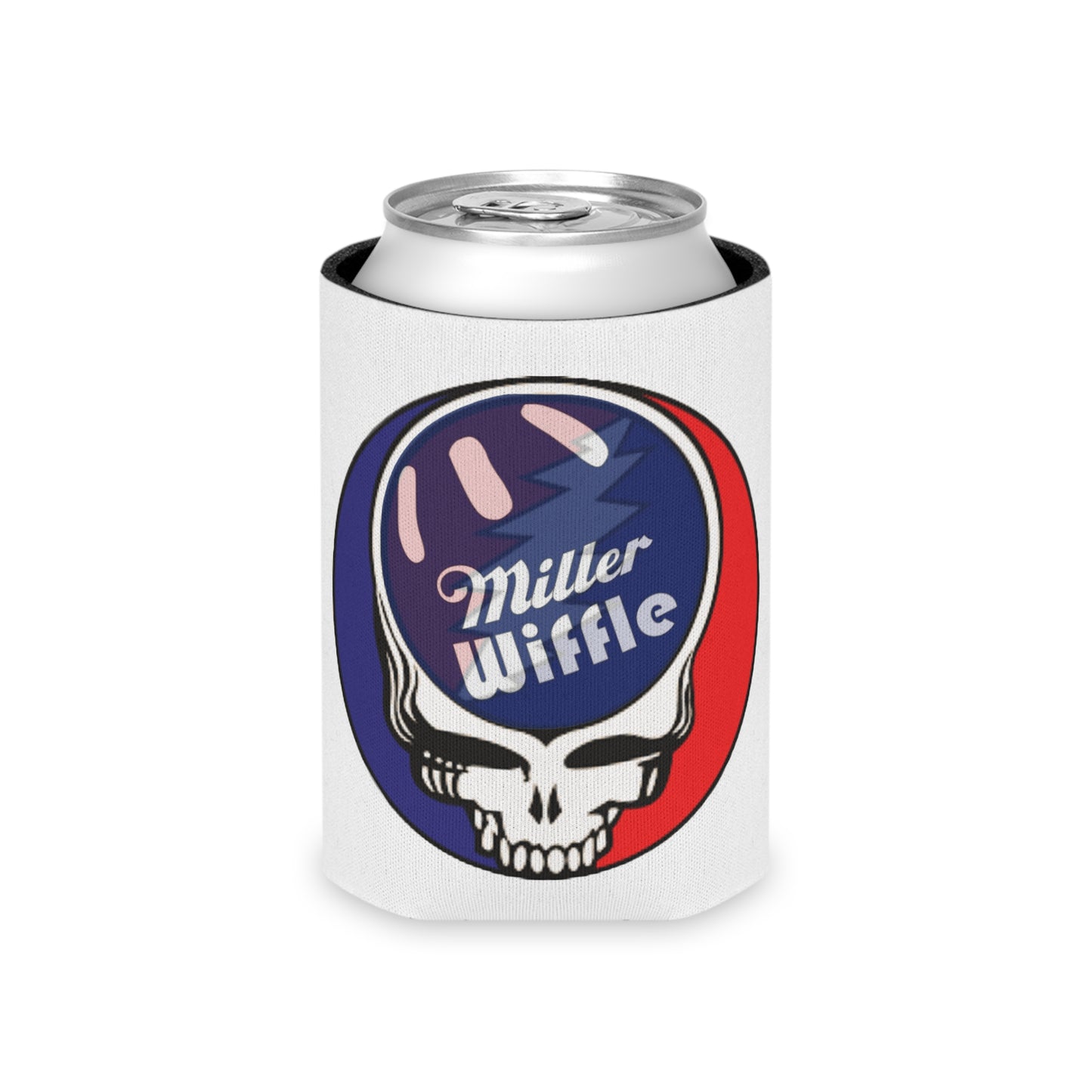Introducing the Grateful Dead - Miller Wiffel Ball Steely Can Cooler by Printify. This lightweight, white beverage insulator features a stylish design with a stylized skull. The skull is topped with a wiffle ball-like sphere adorned in red, white, and blue, complete with a lightning bolt pattern and the text "Miller Wiffle." Keep your drinks cool in style with this eye-catching can cooler.