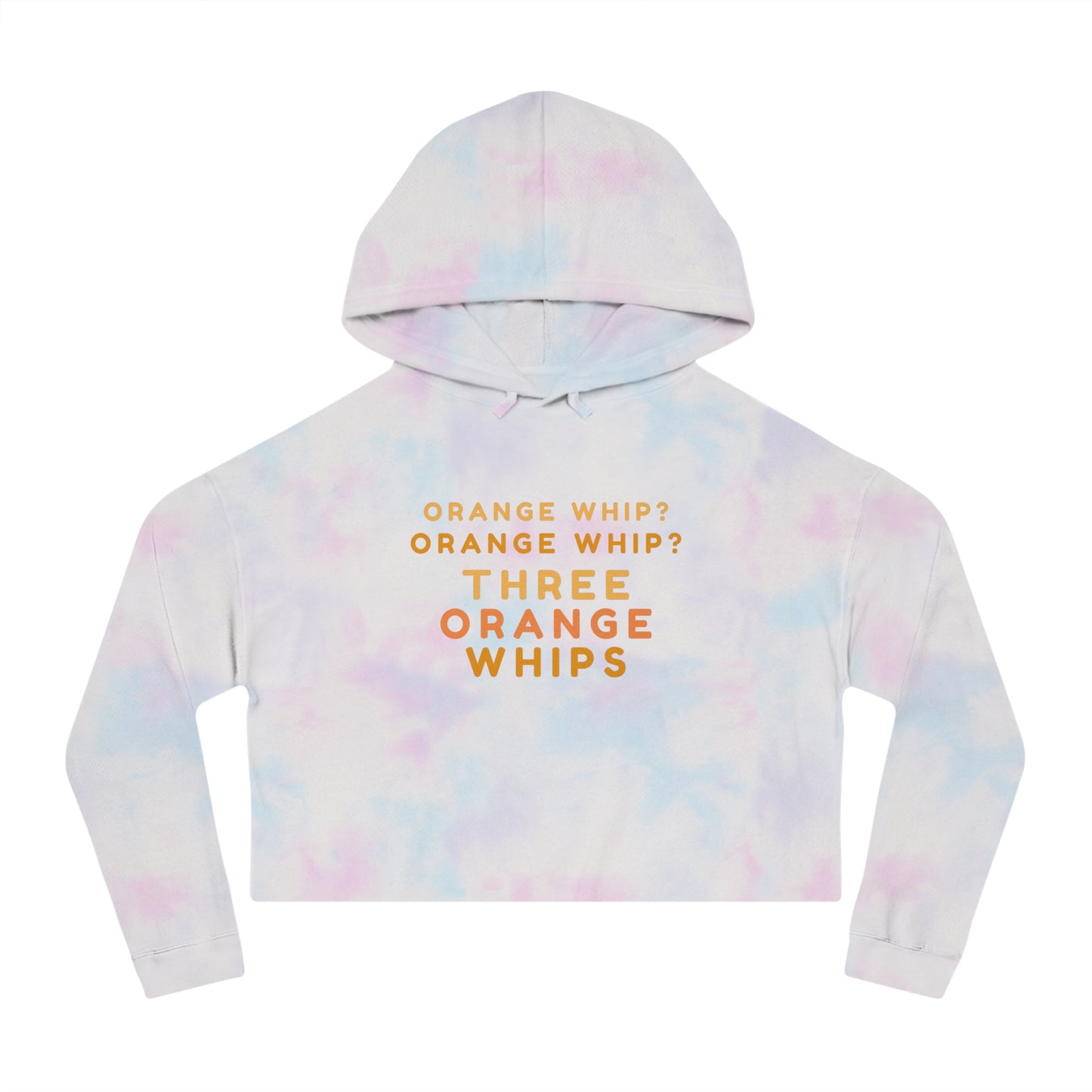 A stylish and comfortable Black Camo cropped hooded sweatshirt from Printify, this "Three Orange Whips - Blues Brothers" women's hoodie features the iconic text "Orange Whip? Orange Whip? Orange Whip? THREE ORANGE WHIPS" in bright orange letters on the front. It includes a front pocket and drawstring-adjustable hood.