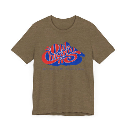 The "Old Chicago Mall Bolingbrook 1980s Retro - Unisex Jersey Short Sleeve Tee" from Printify is a gray T-shirt showcasing a vintage design with the text "Old Chicago" in blue and red. Beneath the main text, the address "355 S. Bolingbrook Drive, Bolingbrook, Illinois" appears in smaller font, evoking 80s nostalgia of the Old Chicago Mall. The shirt is displayed against a white background.