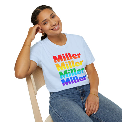 Miller Beach Rainbow Retro Tee — Vintage Stack Name Pride T-Shirt