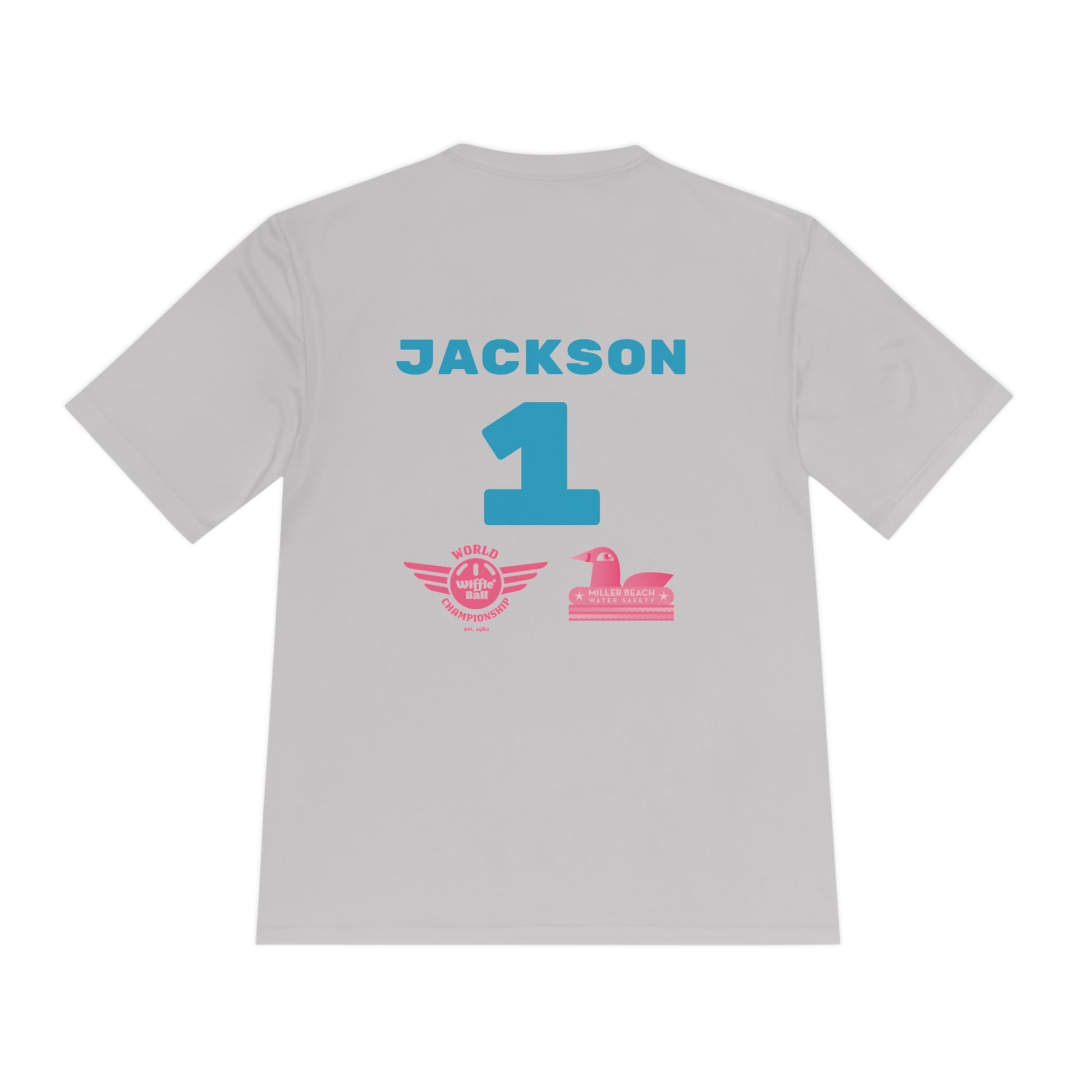 Introducing the "Miller Beach Flamingos - Jackson 01" Unisex Moisture Wicking Tee by Printify. This beige T-shirt showcases "Miller Beach" in a pink cursive font accompanied by a small pink flamingo illustration. Below, "FLAMINGOS" is displayed in bold pink capital letters, with a blue "01" on the bottom right corner. As part of the Sport-Tek PosiCharge Competitor collection, this lightweight shirt provides superior moisture-wicking performance.