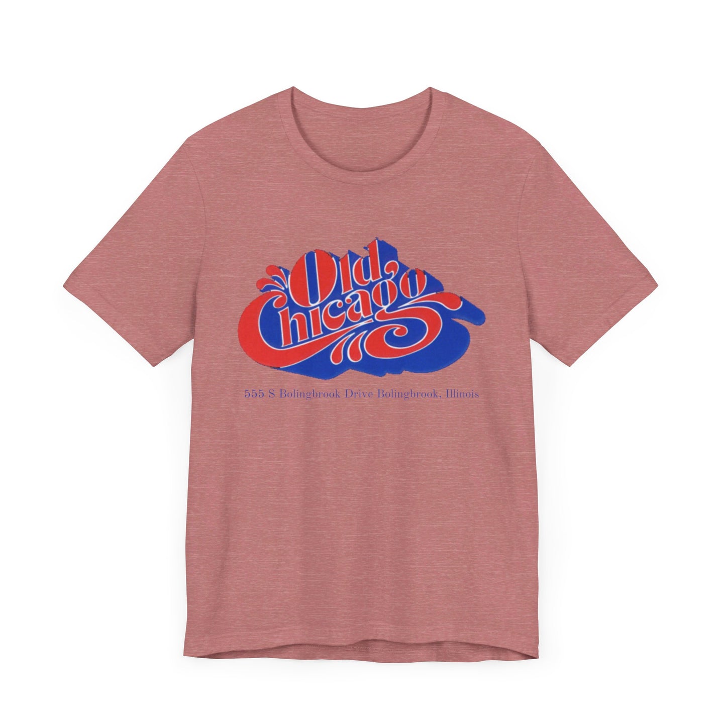 The "Old Chicago Mall Bolingbrook 1980s Retro - Unisex Jersey Short Sleeve Tee" from Printify is a gray T-shirt showcasing a vintage design with the text "Old Chicago" in blue and red. Beneath the main text, the address "355 S. Bolingbrook Drive, Bolingbrook, Illinois" appears in smaller font, evoking 80s nostalgia of the Old Chicago Mall. The shirt is displayed against a white background.