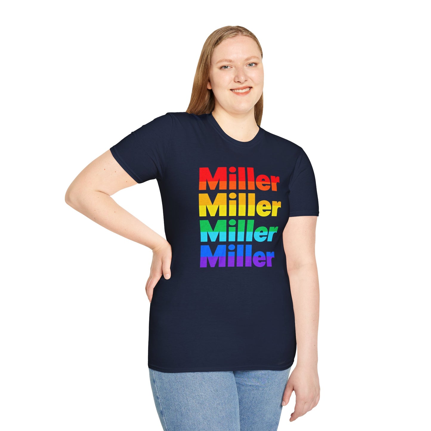 Miller Beach Rainbow Retro Tee — Vintage Stack Name Pride T-Shirt