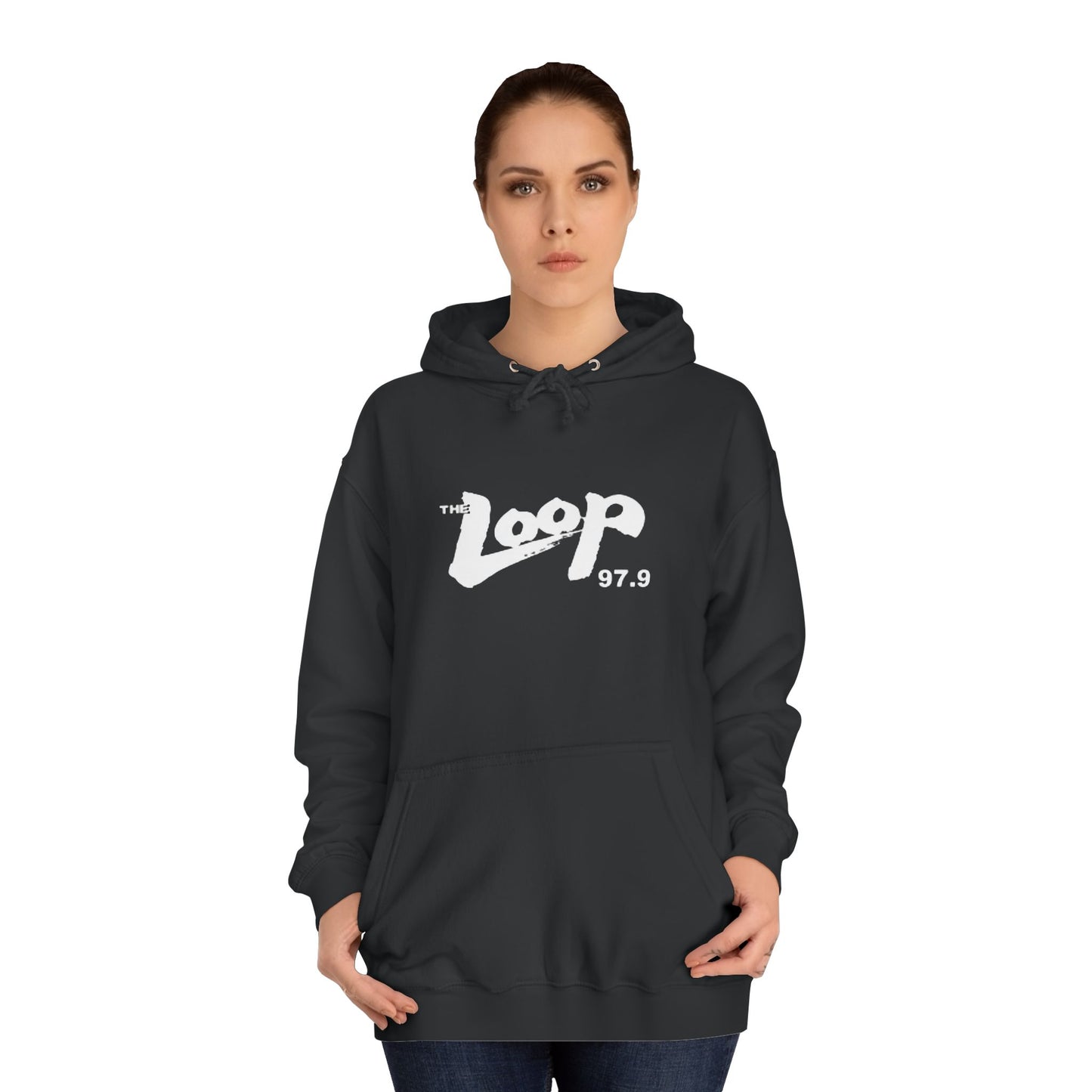 The Loop 97.9 Chicago Radio 1980s Hoodie by Printify showcases "The Loop 97.9" in striking white letters along with the iconic logo on the front. This essential piece for fans of the legendary Chicago rock radio station also features a handy front pocket and a drawstring hood.