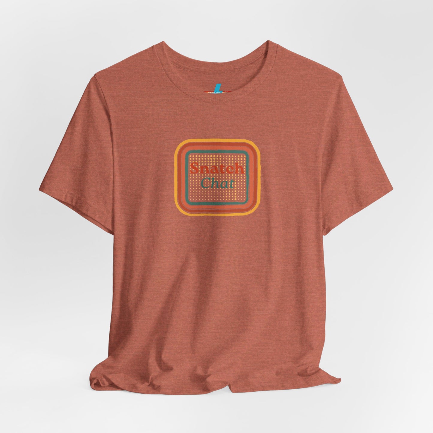 A light brown Snatch Chat - Unisex Jersey Short Sleeve Tee by Printify features the text "Snatch Chat" in the center, enclosed within a square composed of red, orange, yellow, and brown layers. This retro-designed tee is crafted from premium fabric and is showcased against a plain white background.