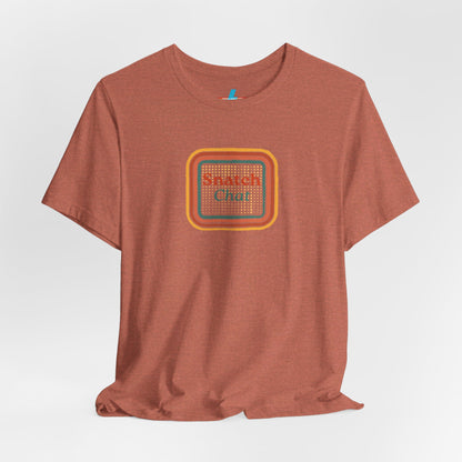 A light brown Snatch Chat - Unisex Jersey Short Sleeve Tee by Printify features the text "Snatch Chat" in the center, enclosed within a square composed of red, orange, yellow, and brown layers. This retro-designed tee is crafted from premium fabric and is showcased against a plain white background.