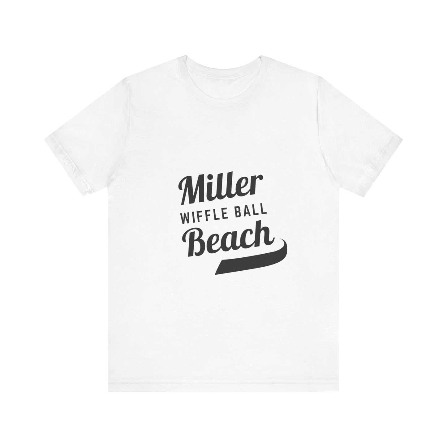 A light blue, soft cotton t-shirt with the text "Miller Beach Wiffel Ball" printed in black on the front. The design features a stylized, curved underline beneath the word "Beach," giving the text a dynamic appearance. This unisex jersey offers a comfortable retail fit for all. Product Name: Miller Beach Wiffel Ball - Unisex Jersey Short Sleeve Tee Retro Logo by Printify.