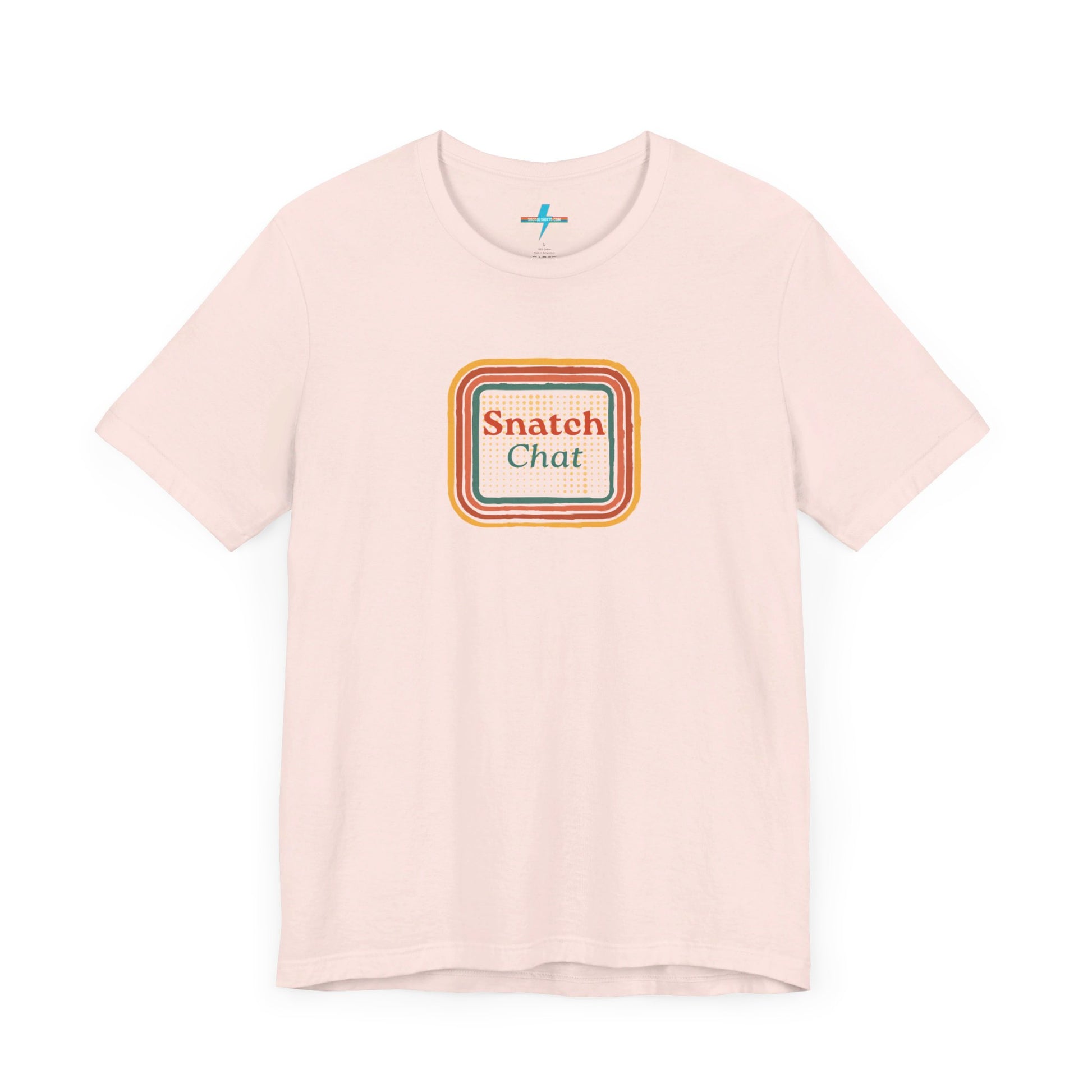 A light brown Snatch Chat - Unisex Jersey Short Sleeve Tee by Printify features the text "Snatch Chat" in the center, enclosed within a square composed of red, orange, yellow, and brown layers. This retro-designed tee is crafted from premium fabric and is showcased against a plain white background.