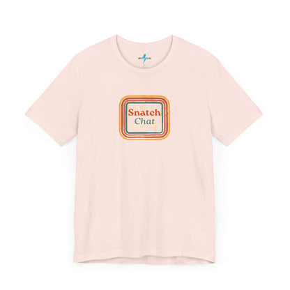 A light brown Snatch Chat - Unisex Jersey Short Sleeve Tee by Printify features the text "Snatch Chat" in the center, enclosed within a square composed of red, orange, yellow, and brown layers. This retro-designed tee is crafted from premium fabric and is showcased against a plain white background.