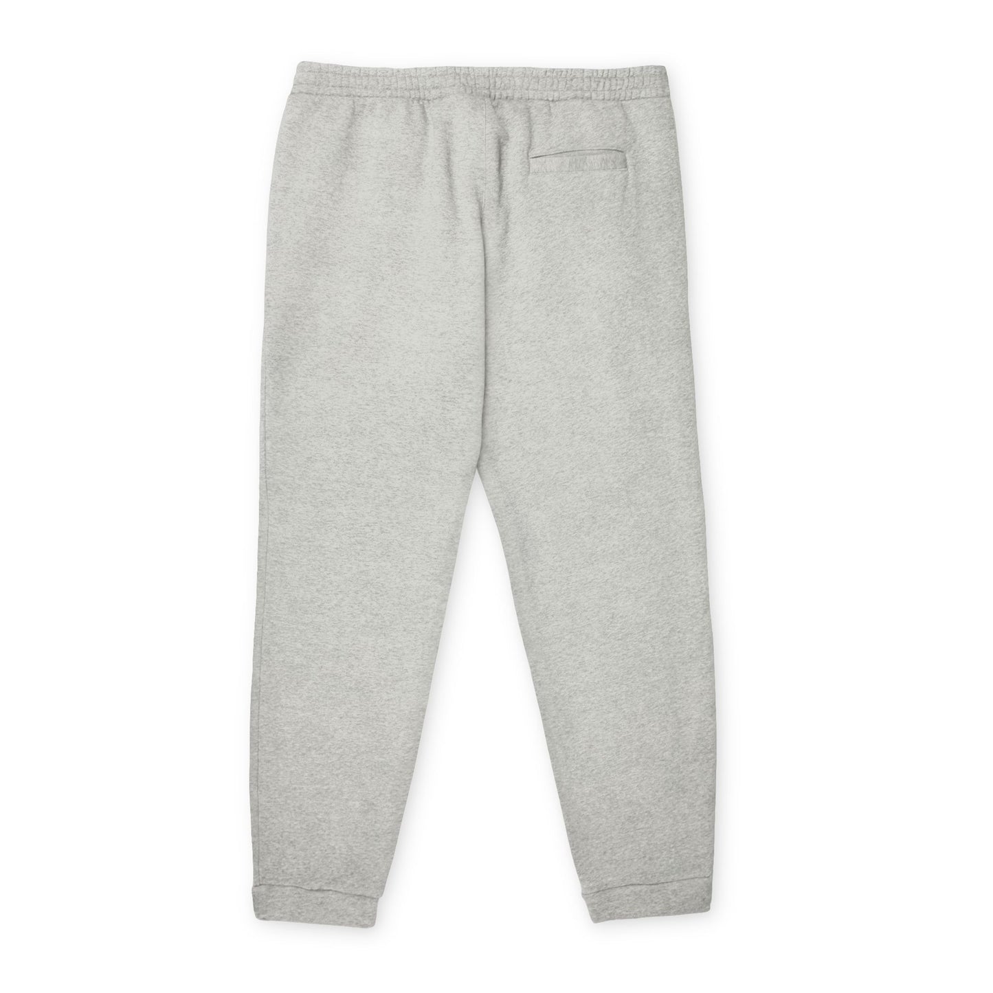 Gray Printify adidas fleece joggers with elastic waistband and cuffs, featuring the iconic Adidas logo on the upper left thigh and an "Oldsmobile - 1970s Logo" design on the right. Made with recycled polyester, they support the Better Cotton Initiative for a more sustainable future.