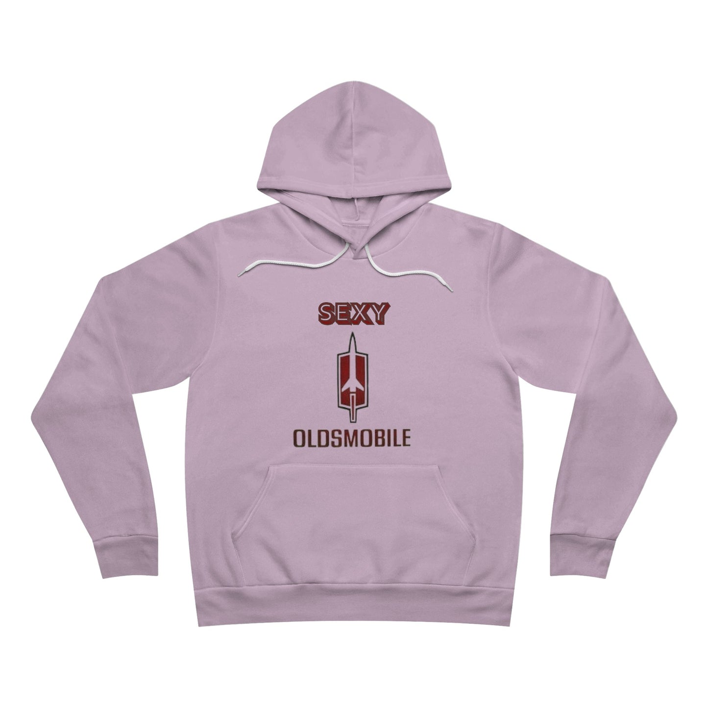 A "Sexy Oldsmobile - Unisex Sponge Fleece Pullover Hoodie" by Printify, displayed flat in gray, features bold red letters with a stylized graphic of the Oldsmobile logo below. Perfect for retro vibes, it includes a white drawstring and front pocket, designed for the muscle car enthusiast.