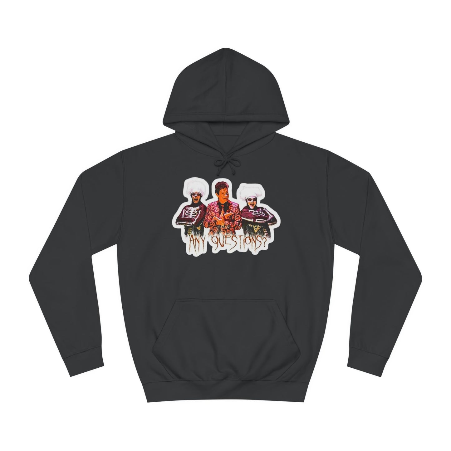 The David S Pumpkins - Any Questions? - Halloween Unisex College Hoodie by Printify is a brown sweatshirt showcasing an illustration of three people. The central figure has red hair, sports a colorful ensemble, and emanates a Halloween vibe, with two flanking figures who have white hair and wear dark attire. Beneath the trio is the phrase "Any Questions?