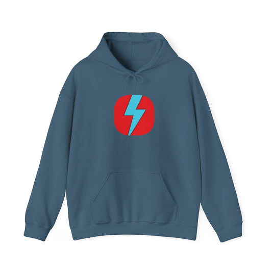 Introducing the Printify SoCool Shirts Logo - Unisex Heavy Blend™ Hooded Sweatshirt: a blue pullover featuring a front pocket and drawstring hood. Adorned with a striking red circle logo and a light blue lightning bolt at its center, this sweatshirt is both fashionable and versatile for any wardrobe.