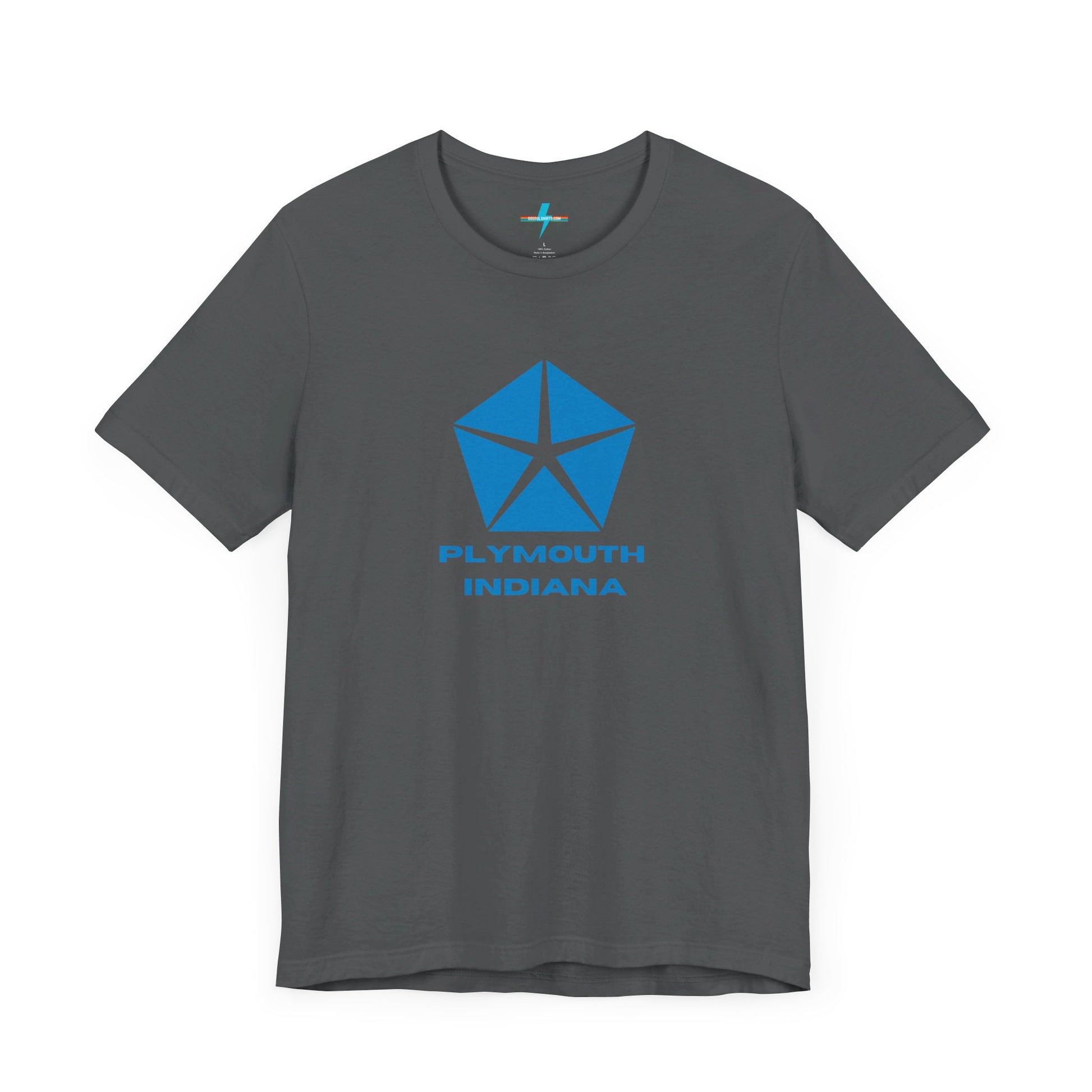 A black Printify Plymouth, Indiana Chrysler Logo T-shirt is displayed against a plain white background. The shirt features a blue, five-point star emblem reminiscent of a vintage autos design above the text "PLYMOUTH INDIANA" in blue, centered across the front. The shirt is laid out flat with the sleeves slightly bent.