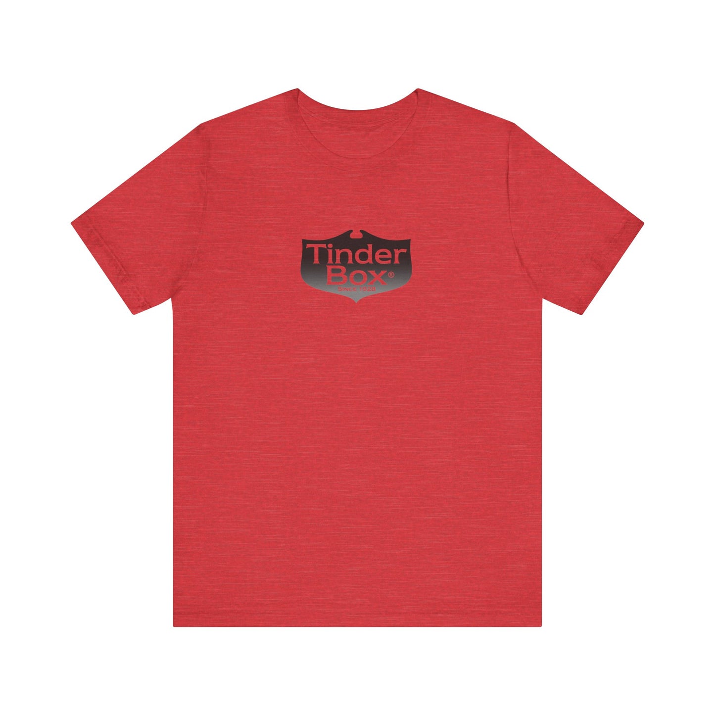 A light blue Printify "The Tinder Box 1980s" unisex jersey short sleeve tee featuring the "Tinder Box" logo in the center. The logo consists of a dark shield with the words "Tinder Box" in white text, with a small flame icon replacing the dot above the "i".