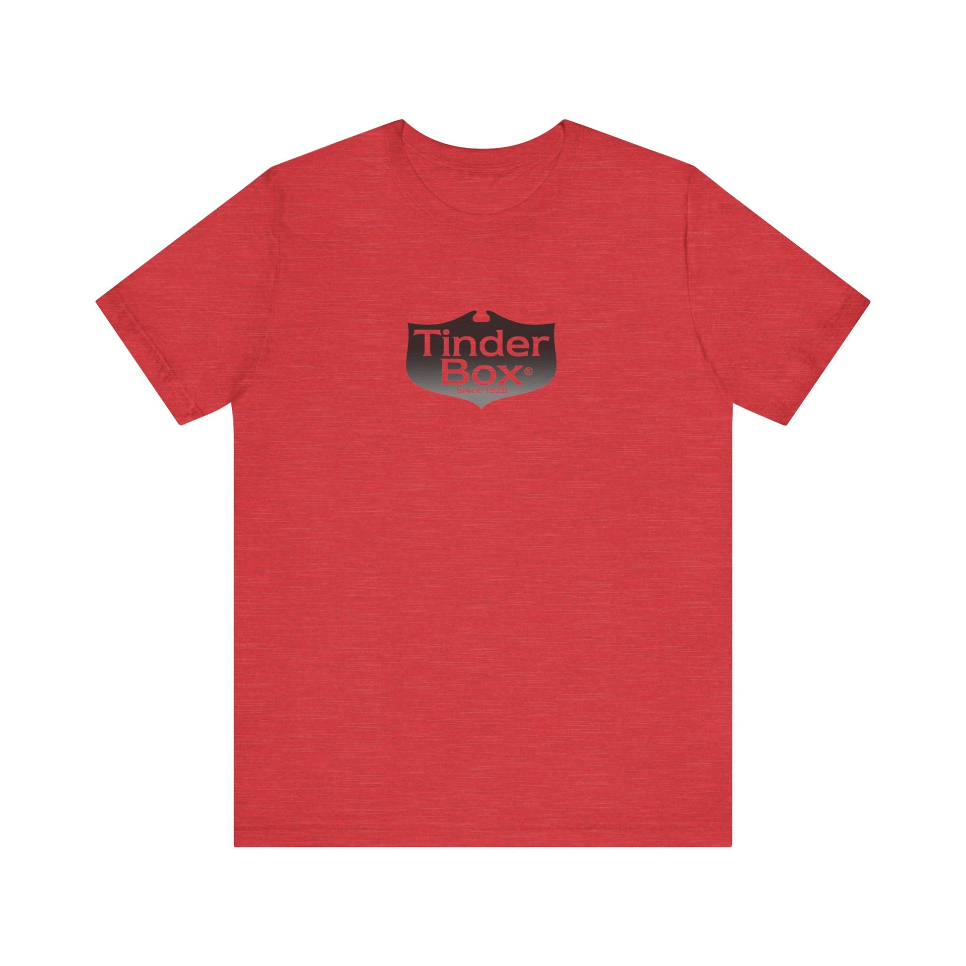 A light blue Printify "The Tinder Box 1980s" unisex jersey short sleeve tee featuring the "Tinder Box" logo in the center. The logo consists of a dark shield with the words "Tinder Box" in white text, with a small flame icon replacing the dot above the "i".