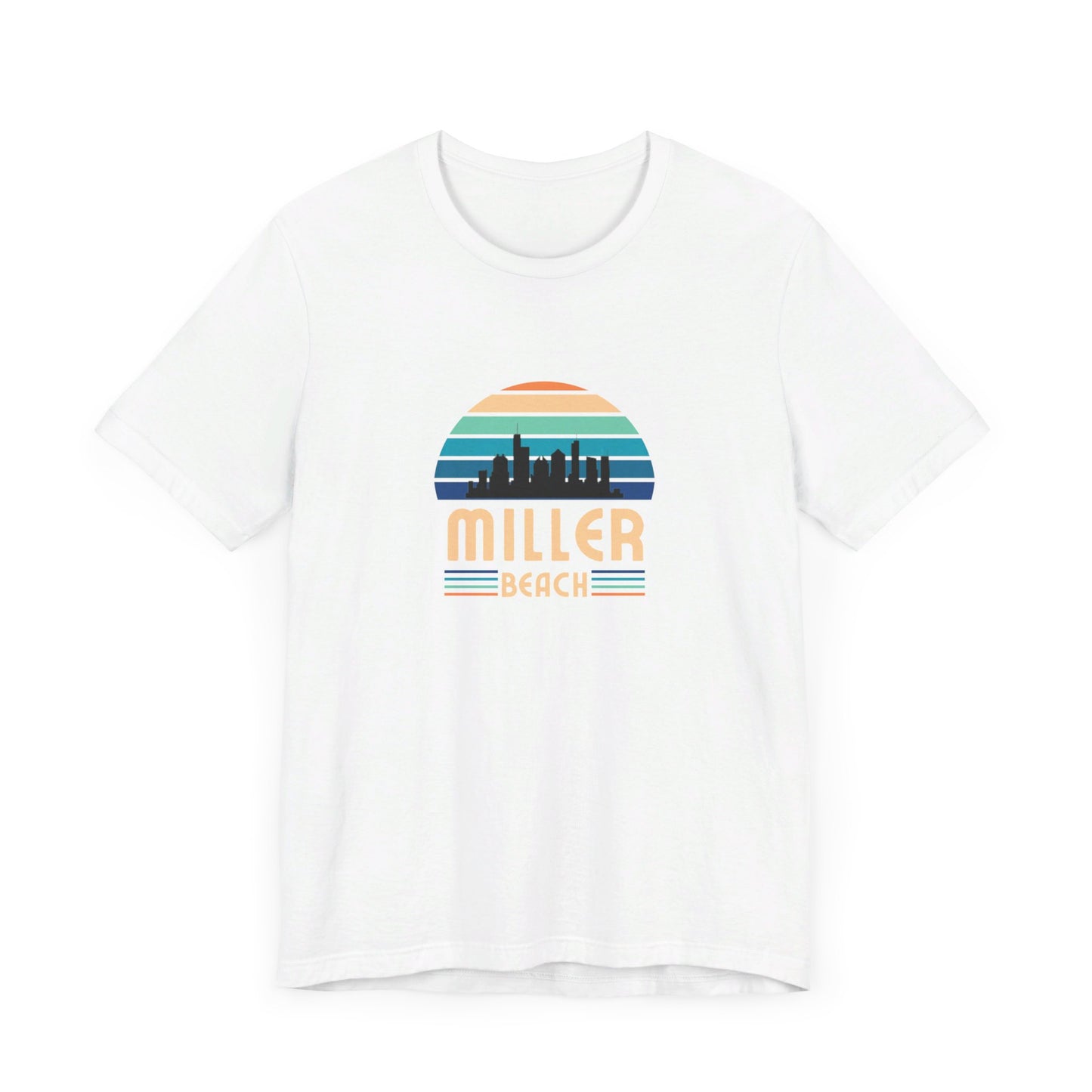 The Printify Miller Beach Chicago Skyline - Unisex Jersey Short Sleeve Tee is a light blue T-shirt featuring a stylized graphic of the Chicago skyline against a setting sun with gradient shades of blue and orange. Below the graphic, "Miller Beach" is printed in bold, yellow letters.