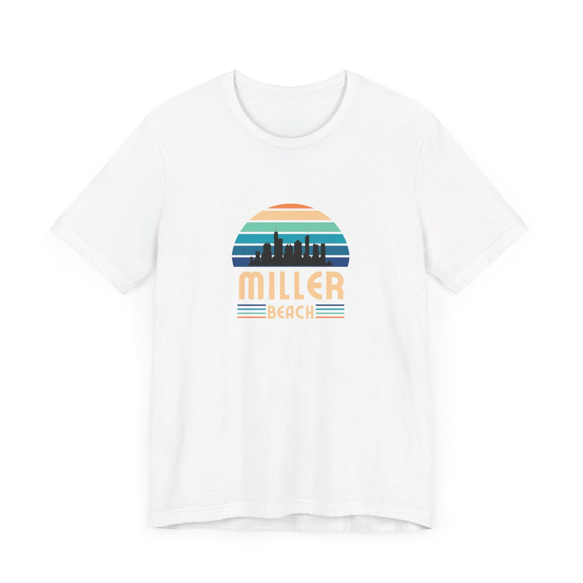 The Printify Miller Beach Chicago Skyline - Unisex Jersey Short Sleeve Tee is a light blue T-shirt featuring a stylized graphic of the Chicago skyline against a setting sun with gradient shades of blue and orange. Below the graphic, "Miller Beach" is printed in bold, yellow letters.