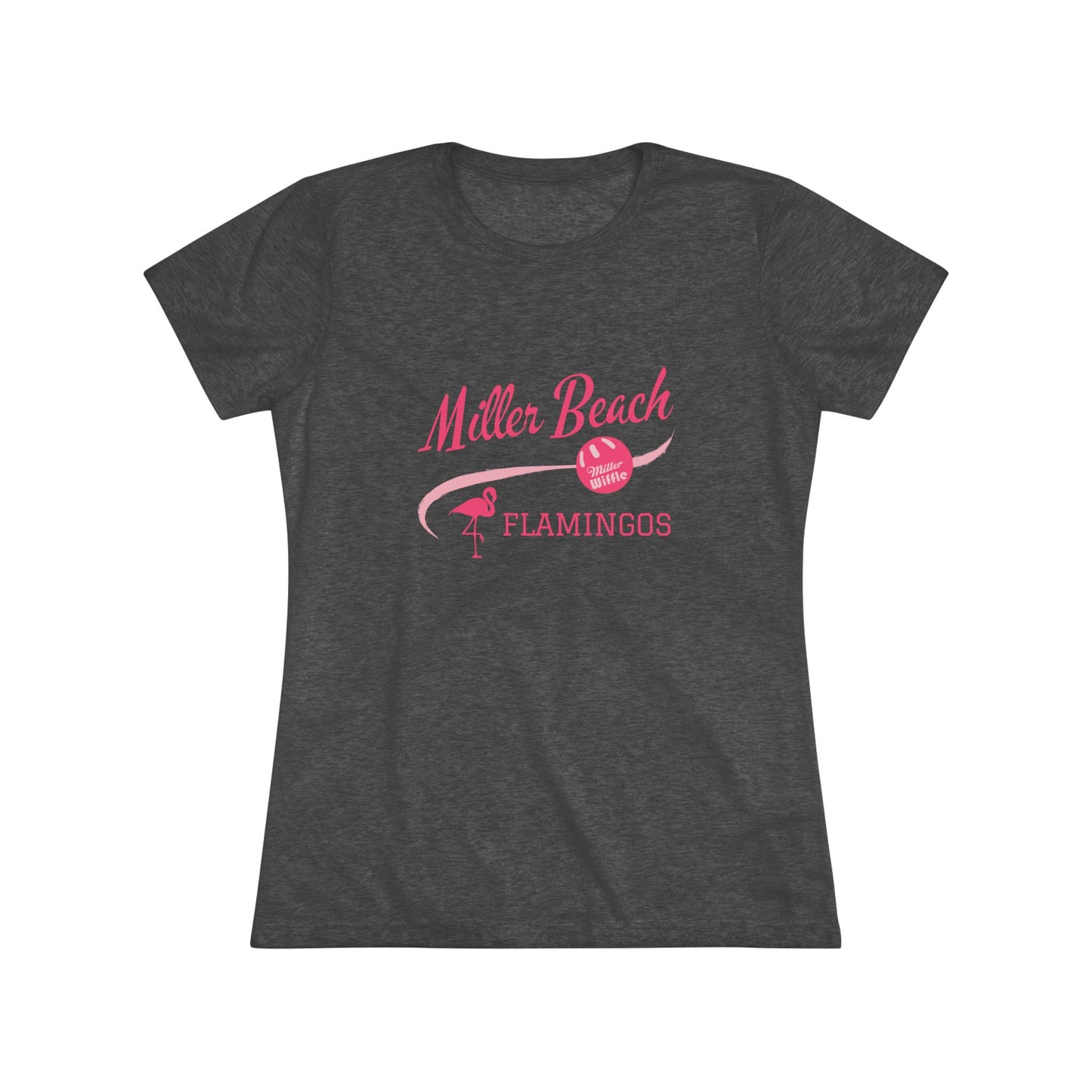 The Printify Miller Beach Wiffel Ball - Flamingos Women's Triblend Tee is a dark gray shirt featuring the text "Miller Beach Flamingos" in pink. The design showcases a flamingo standing on one foot beside a beach volleyball, exuding a fun and relaxed beach atmosphere. This limited edition tee is ideal for celebrating the World Championship of Wiff Ball.